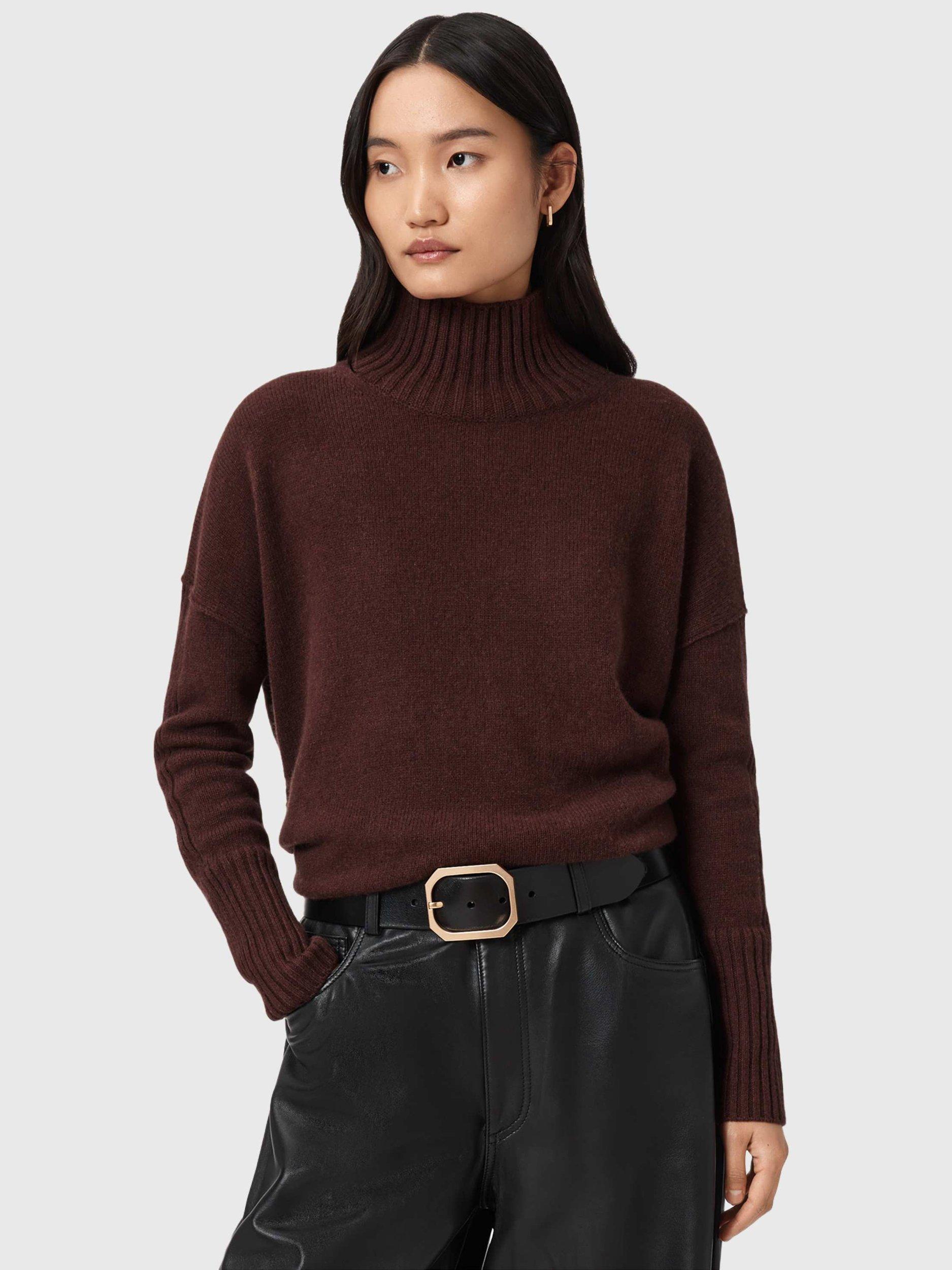 Product image 6 of 6, which shows AllSaints Ester Cashmere Rich Roll Neck Jumper, Bitter Brown, M