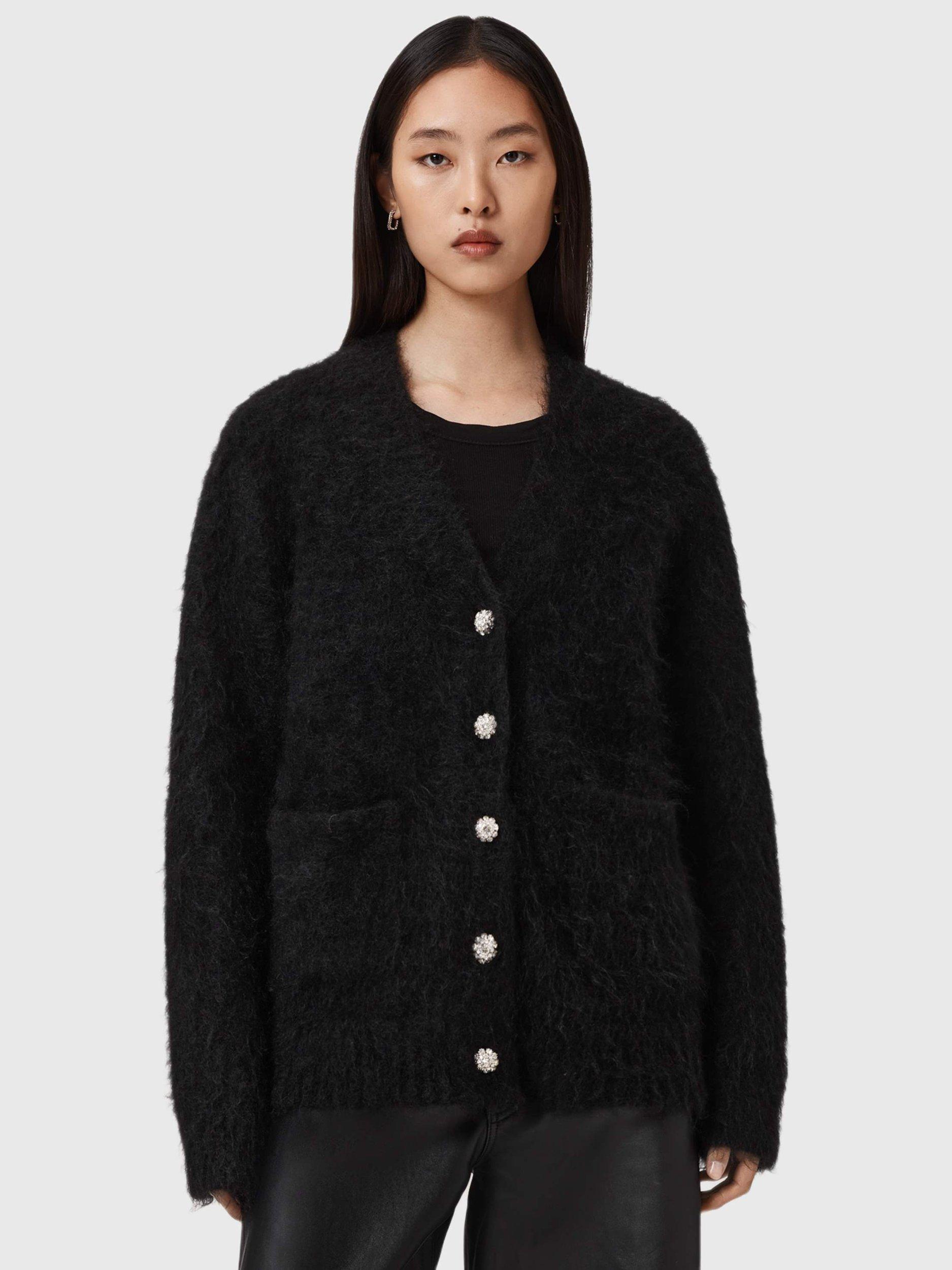 Product image 1 of 5, which shows AllSaints Rubi Embellished Button Wool Rich Cardigan, Black, XS