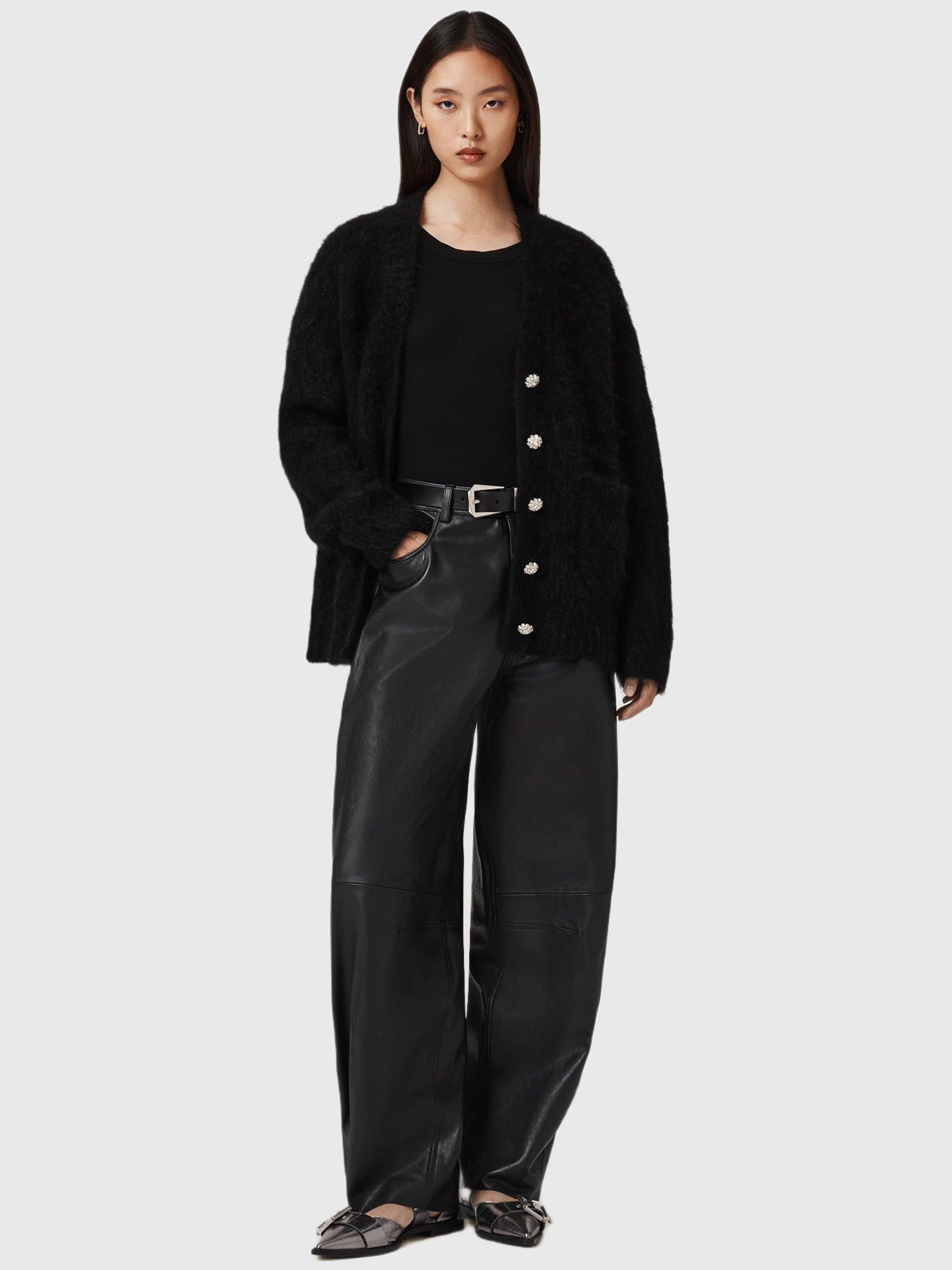 Product image 2 of 5, which shows AllSaints Rubi Embellished Button Wool Rich Cardigan, Black, XS