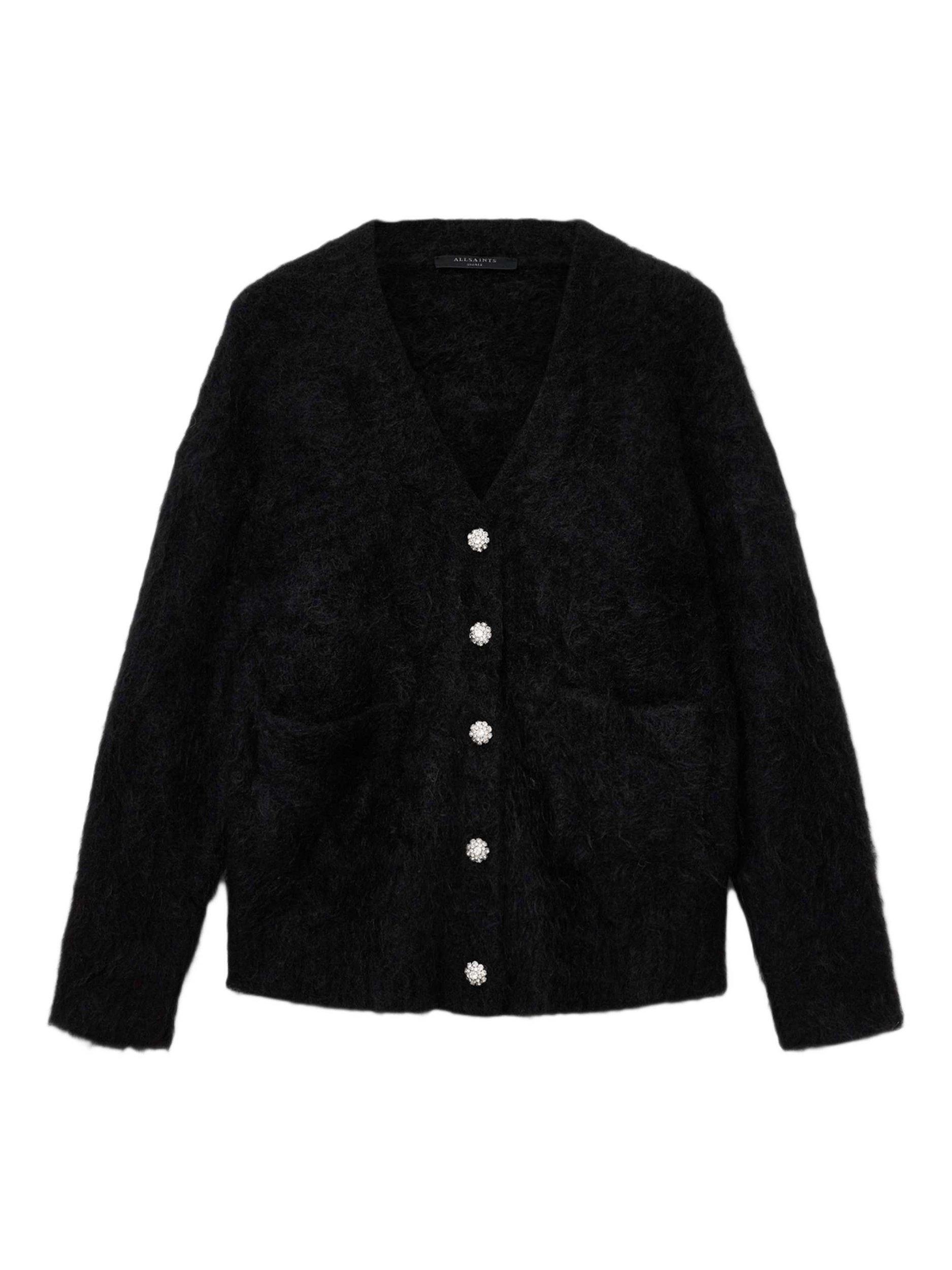 Product image 3 of 5, which shows AllSaints Rubi Embellished Button Wool Rich Cardigan, Black, XS