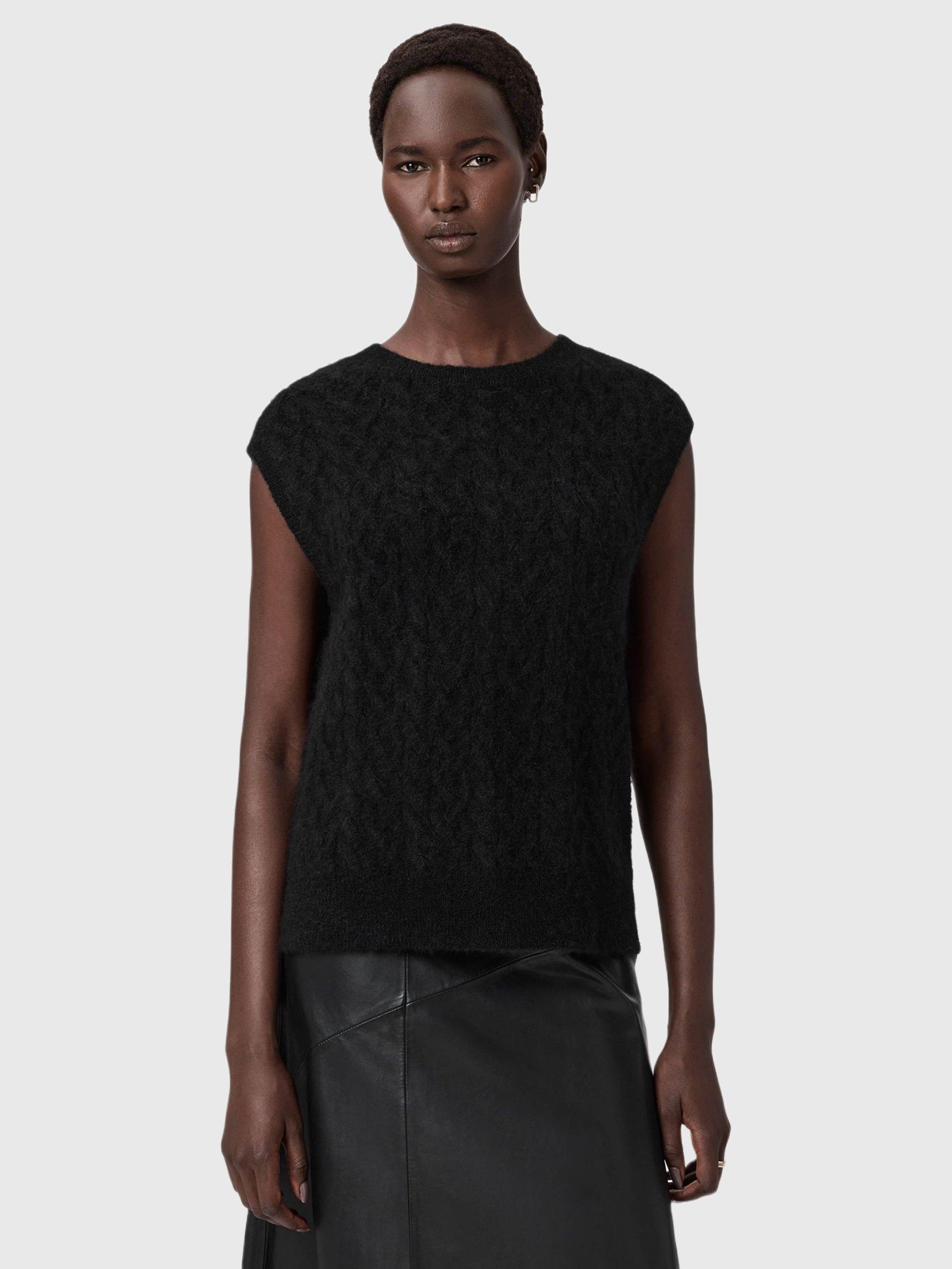 Product image 1 of 6, which shows AllSaints Sirius Cable Knit Wool Rich Tank Top, Black, XS
