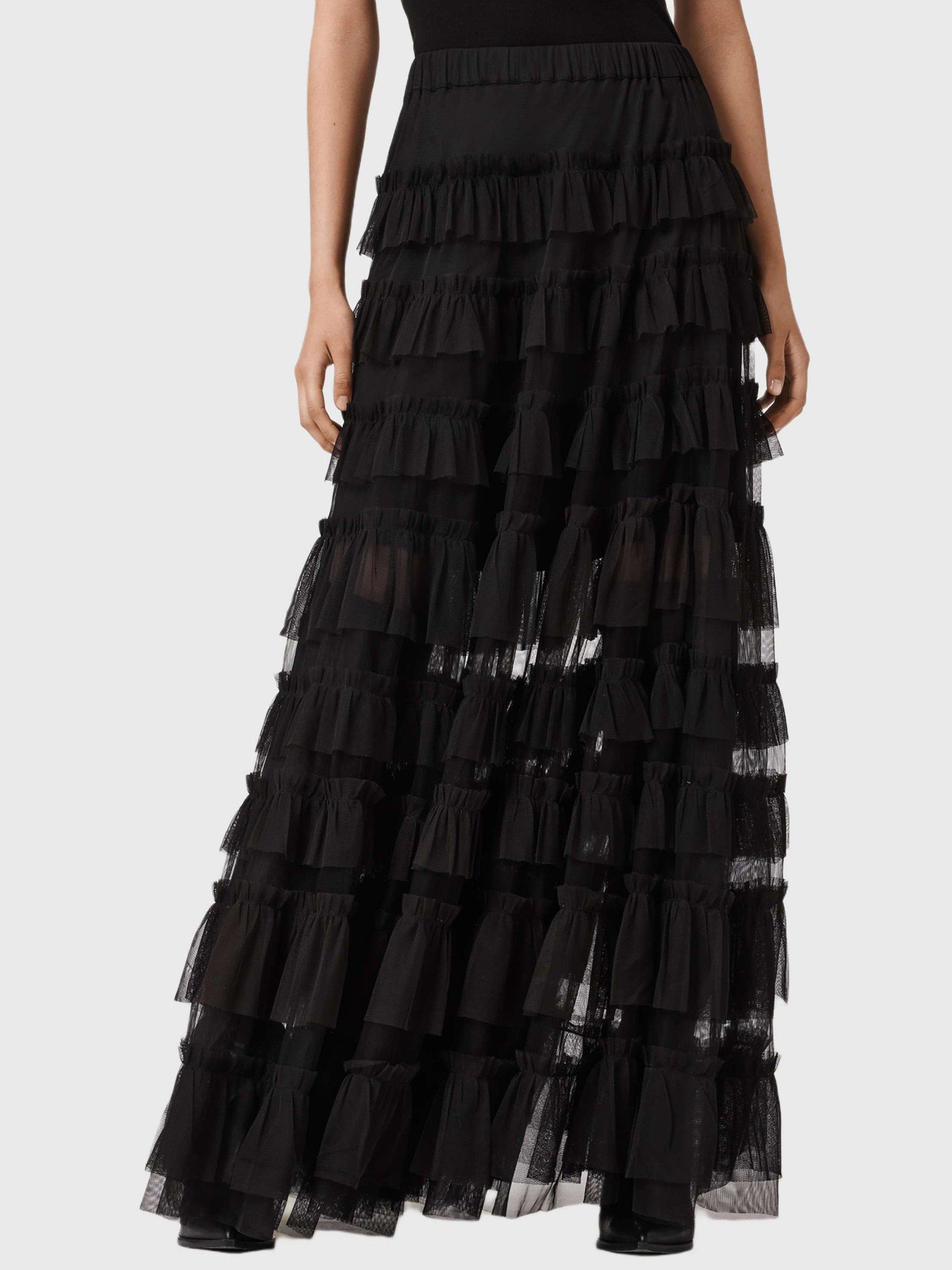 Product image 1 of 7, which shows AllSaints Aude Ruffle Maxi Skirt, Black, 6