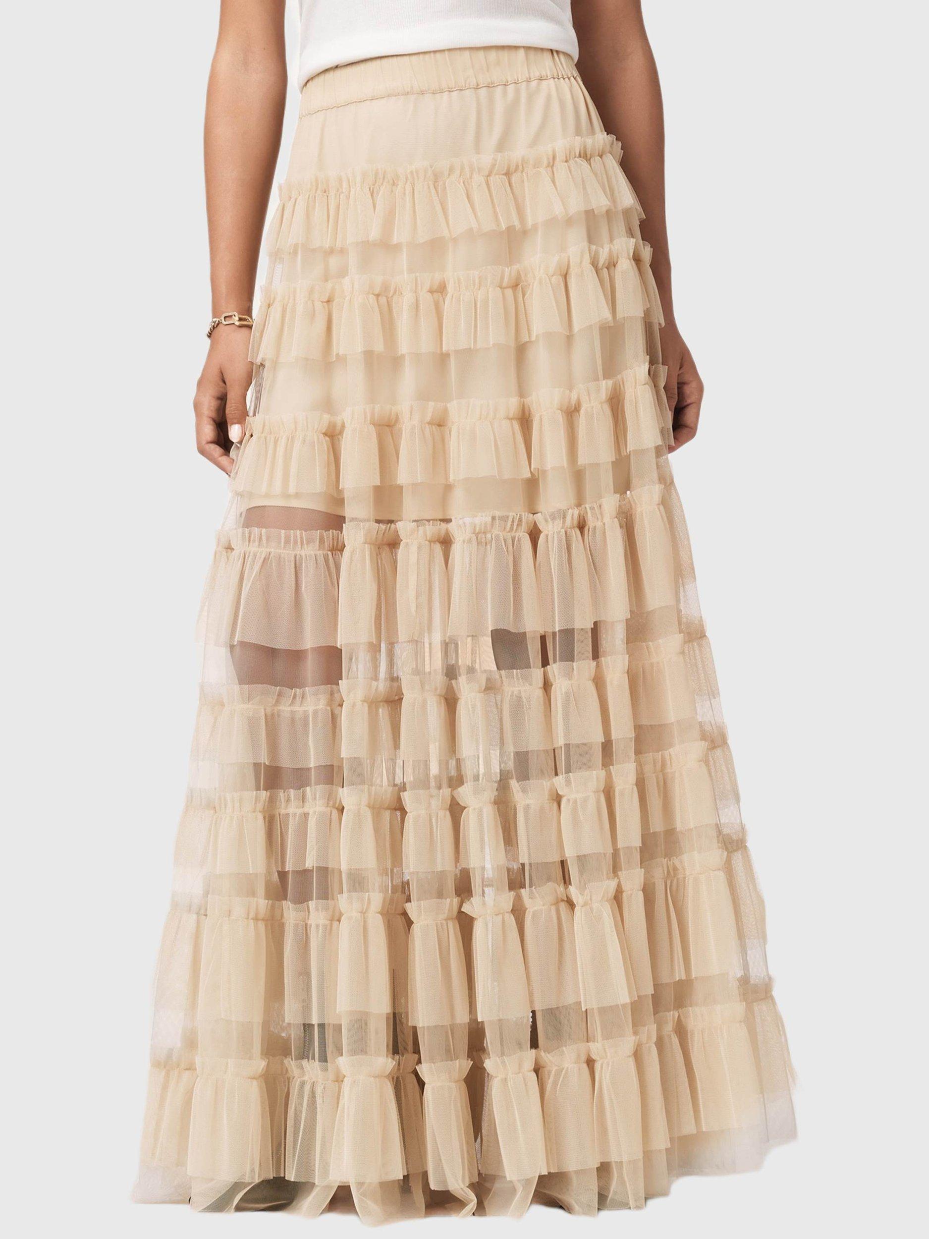 Product image 1 of 8, which shows AllSaints Aude Ruffle Maxi Skirt, Blush Pink, 10