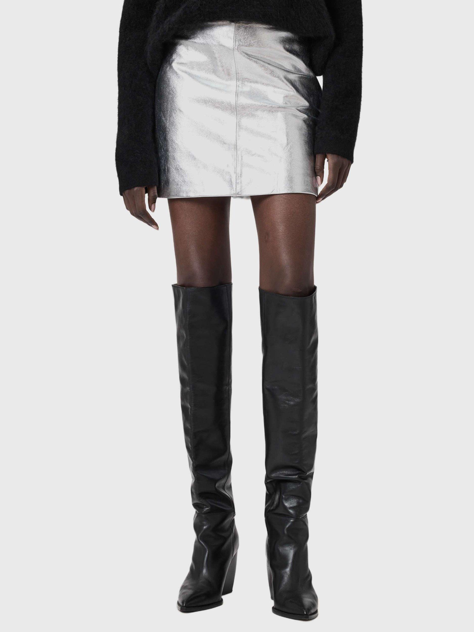 Product image 1 of 8, which shows AllSaints Renai Leather Mini Skirt, Silver, 12
