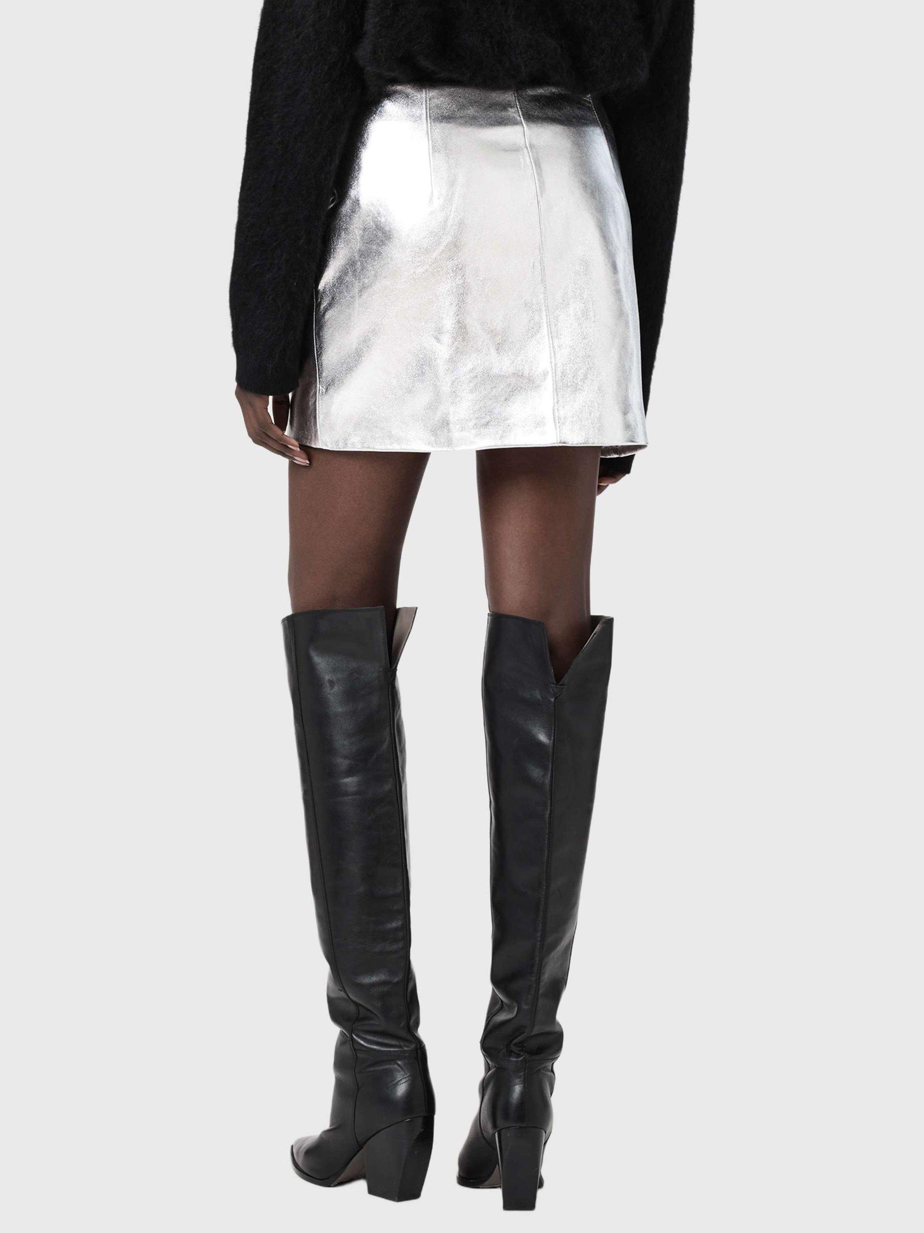 Product image 2 of 8, which shows AllSaints Renai Leather Mini Skirt, Silver, 12