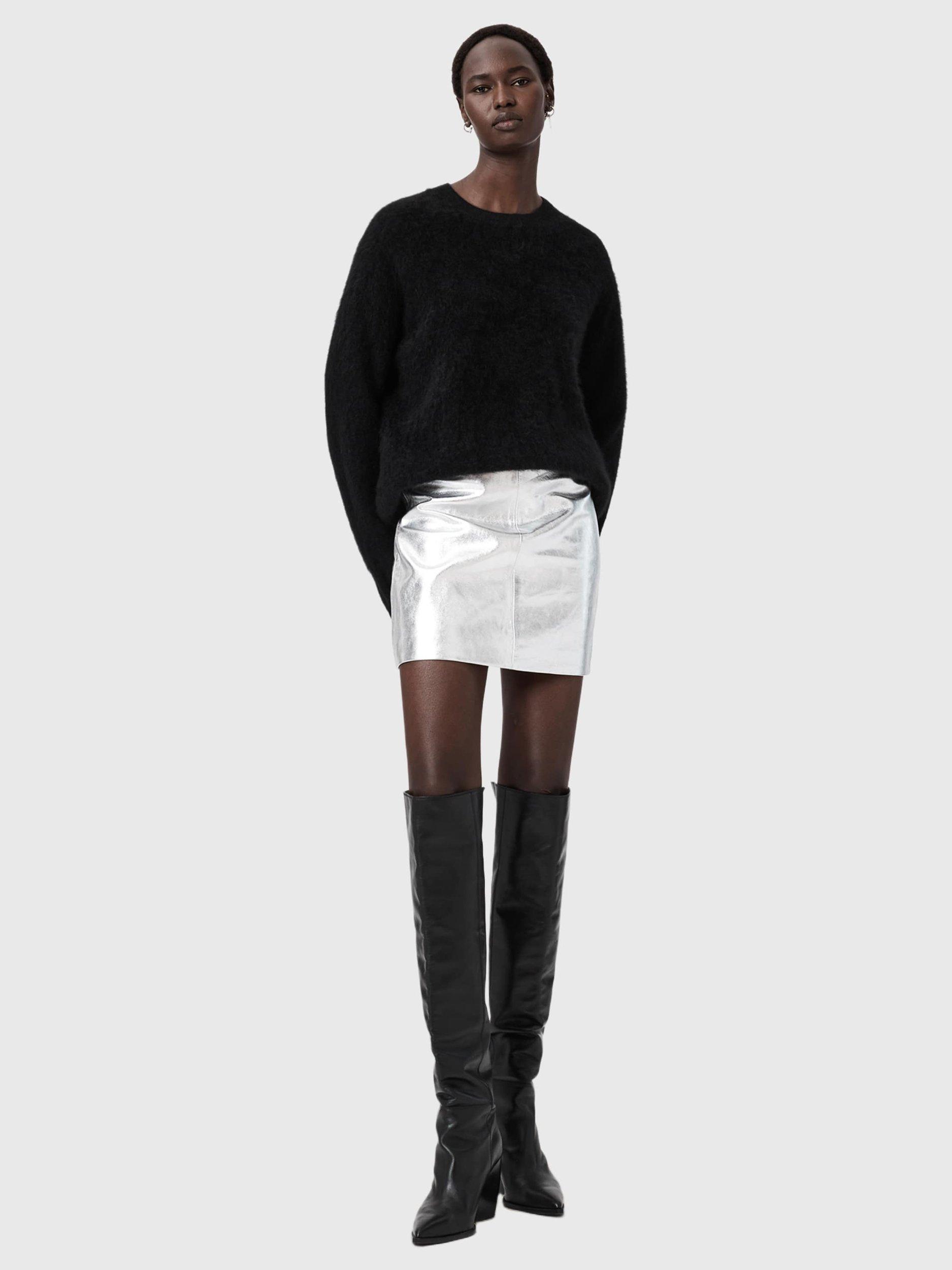 Product image 3 of 8, which shows AllSaints Renai Leather Mini Skirt, Silver, 12
