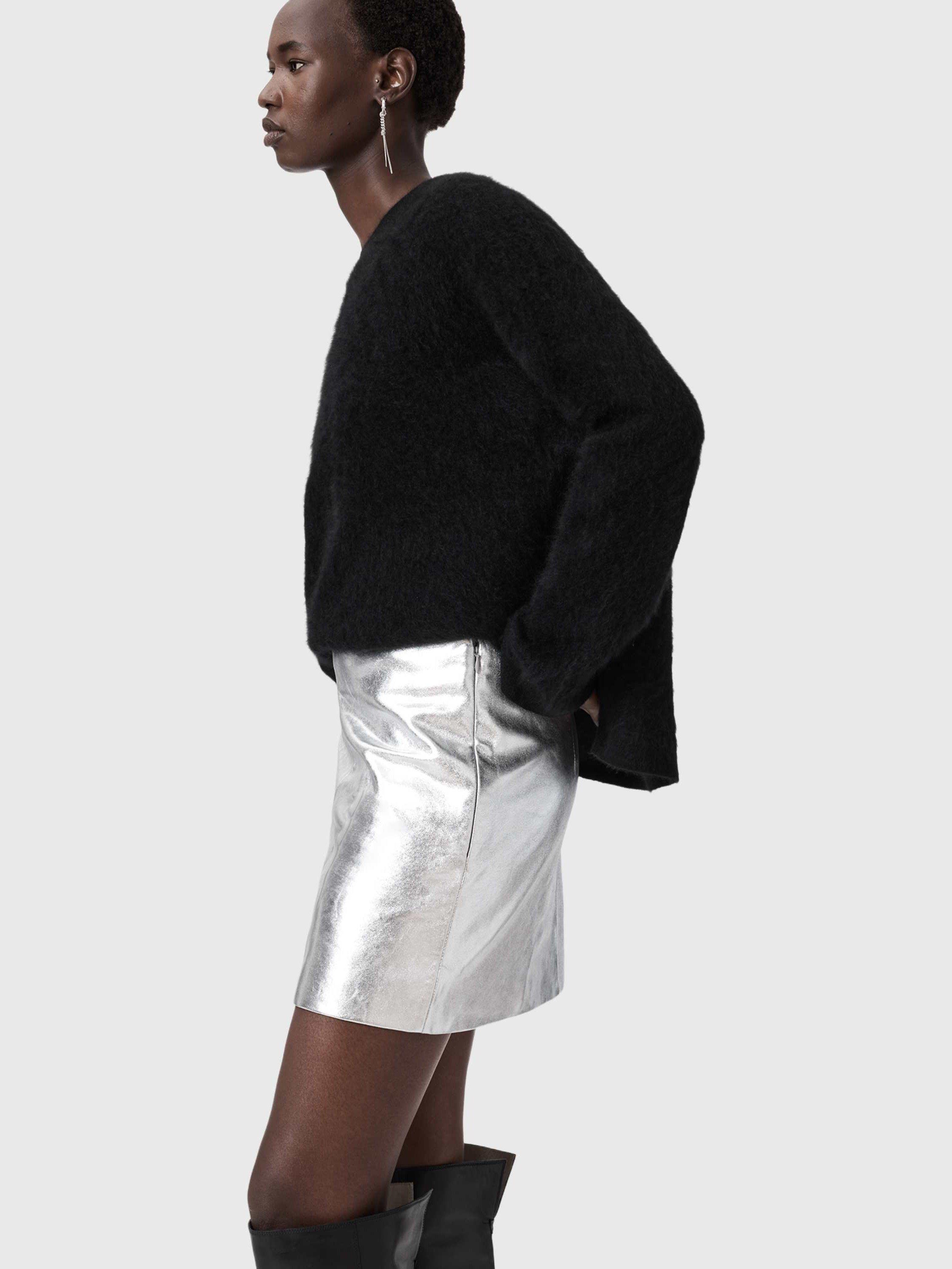 Product image 5 of 8, which shows AllSaints Renai Leather Mini Skirt, Silver, 12