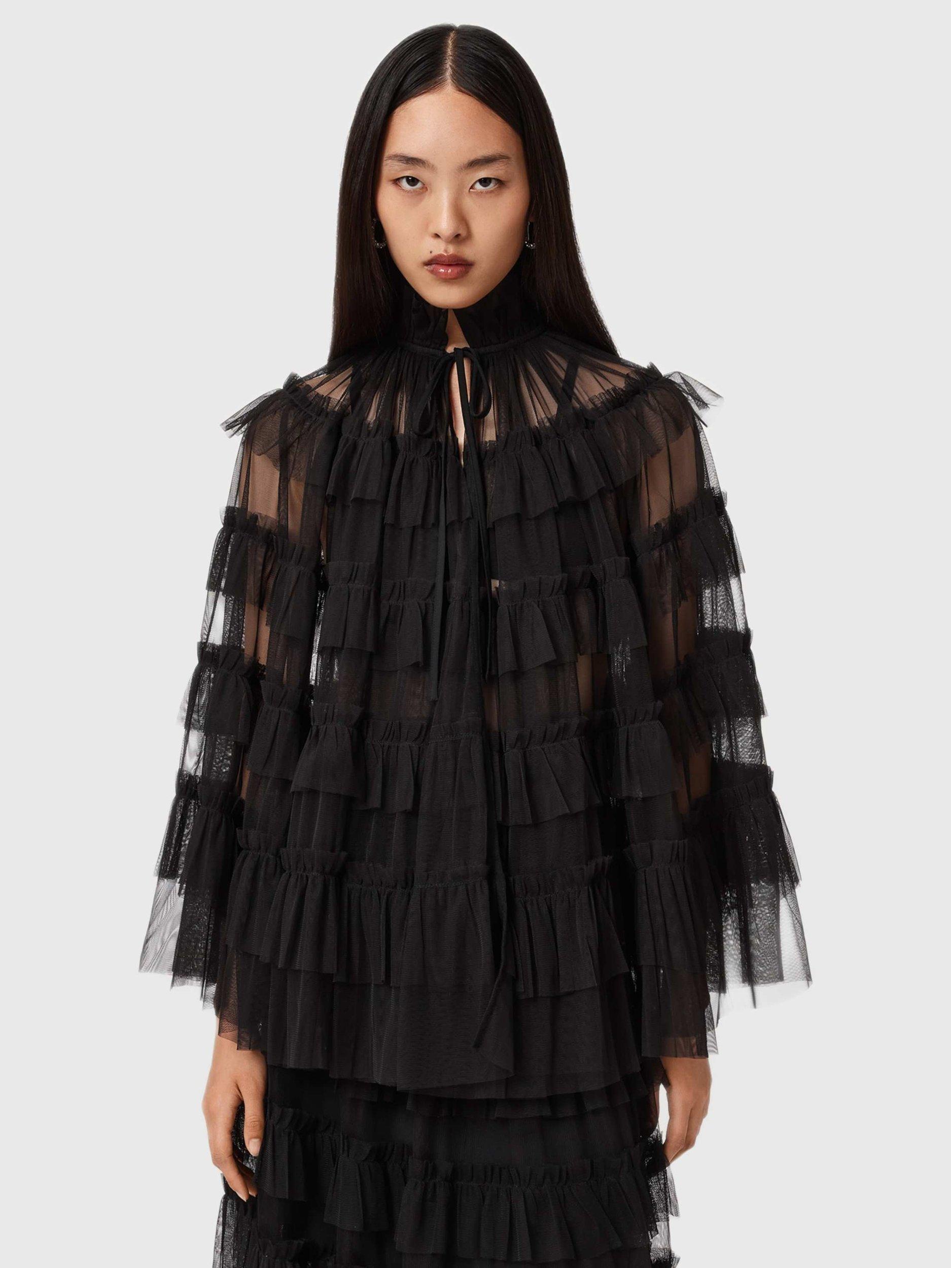 Product image 1 of 6, which shows AllSaints Aude Ruffle Cape Top, Black, One Size