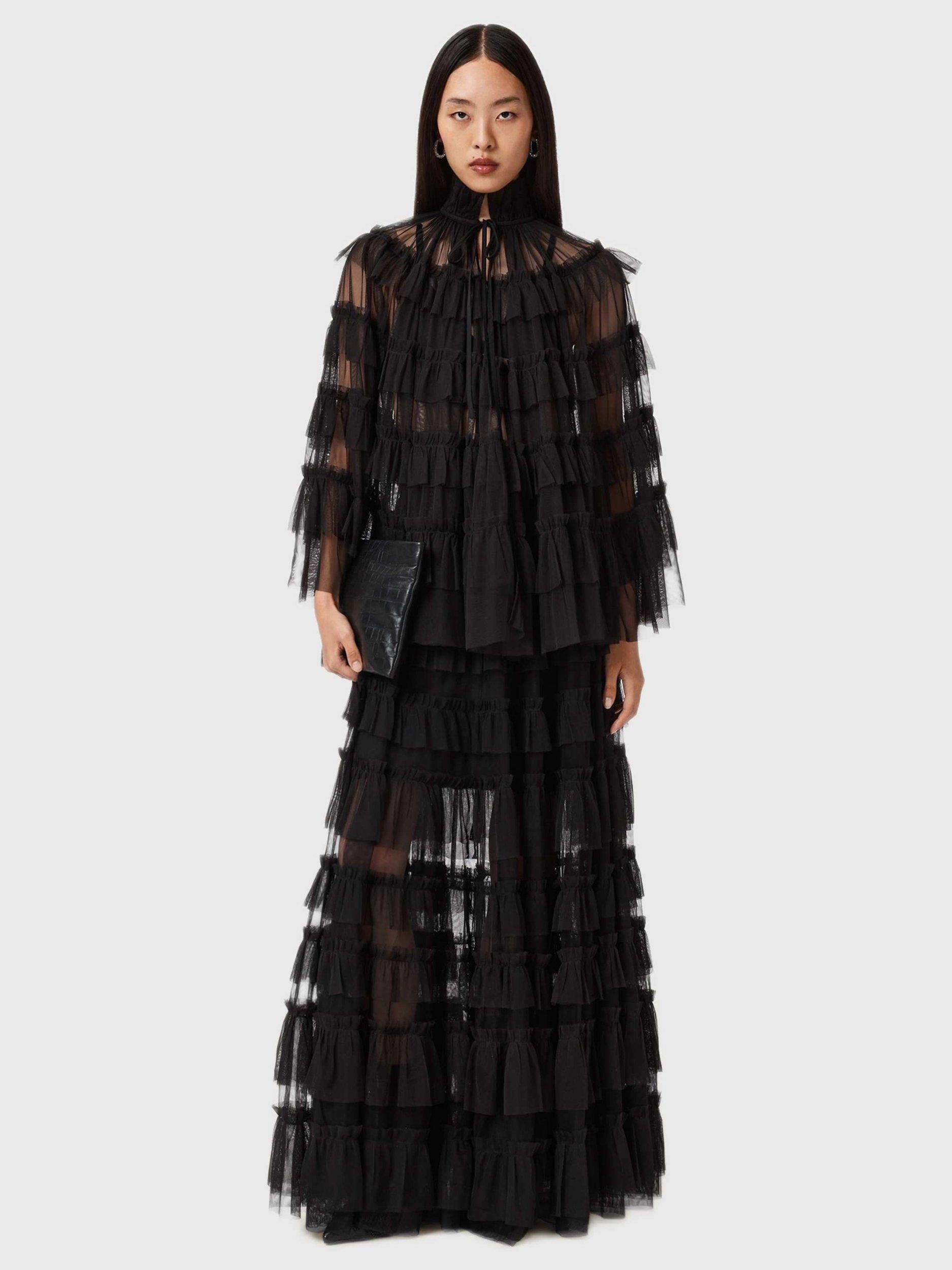 Product image 3 of 6, which shows AllSaints Aude Ruffle Cape Top, Black, One Size