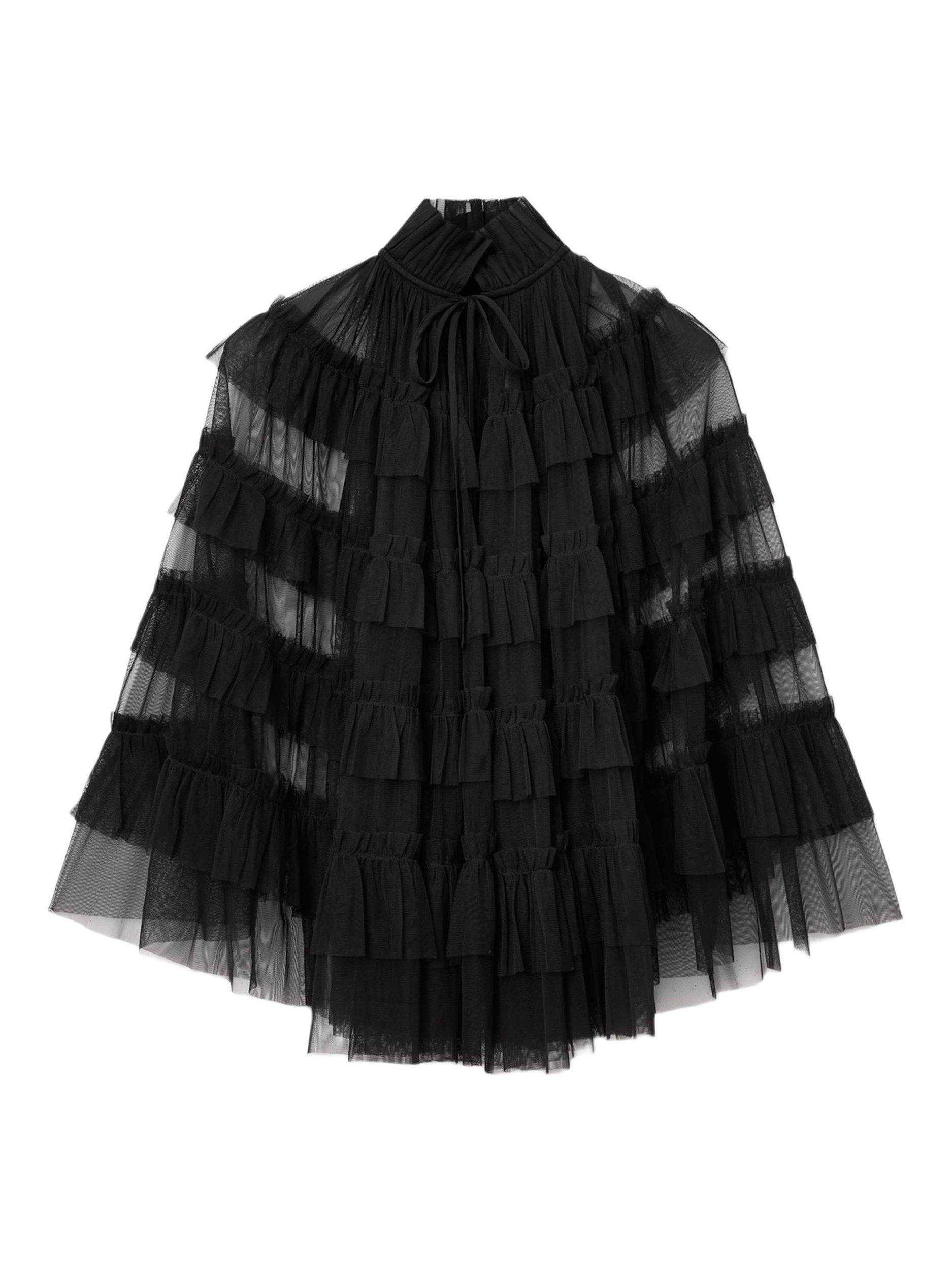 Product image 4 of 6, which shows AllSaints Aude Ruffle Cape Top, Black, One Size