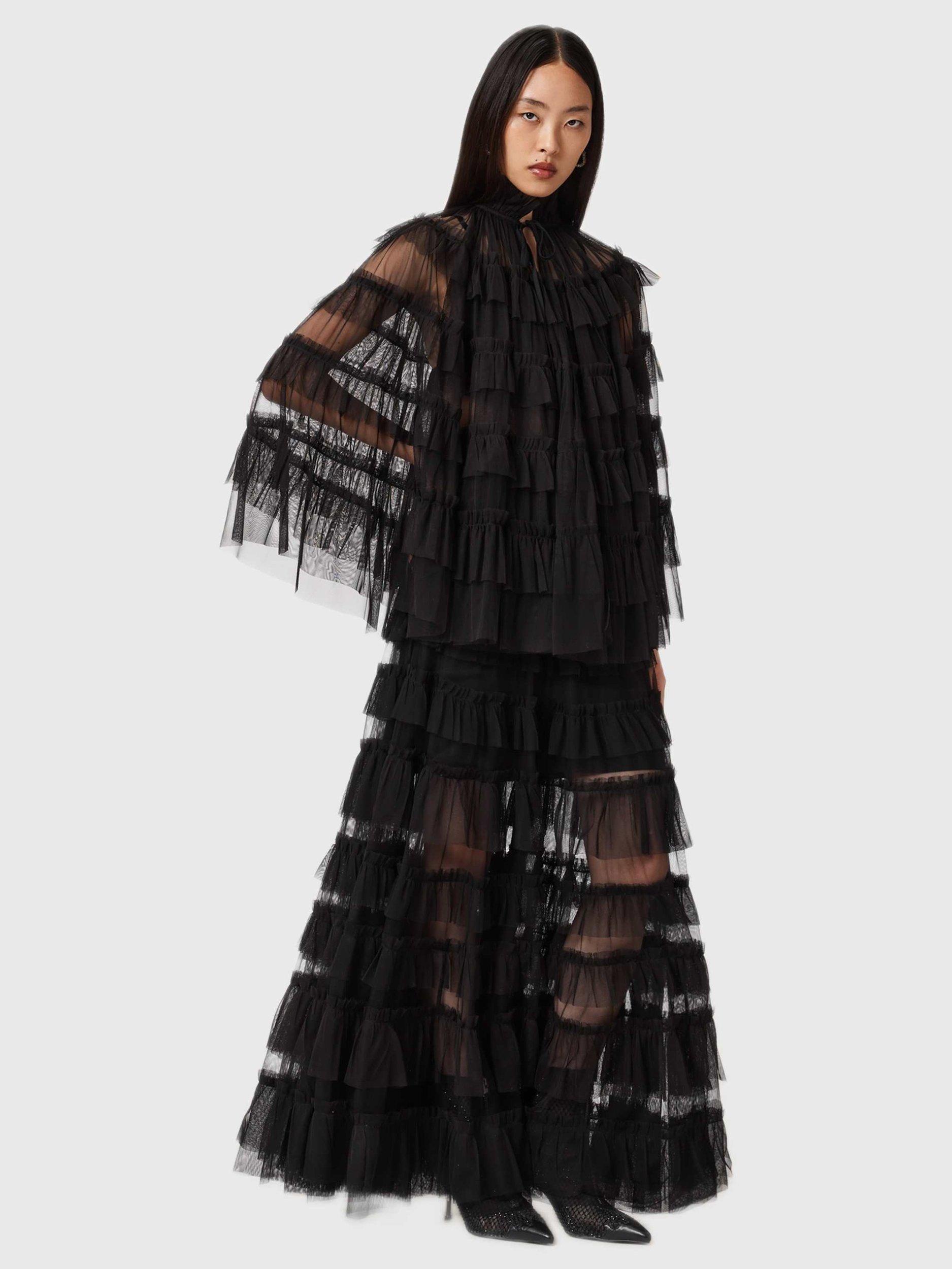 Product image 6 of 6, which shows AllSaints Aude Ruffle Cape Top, Black, One Size
