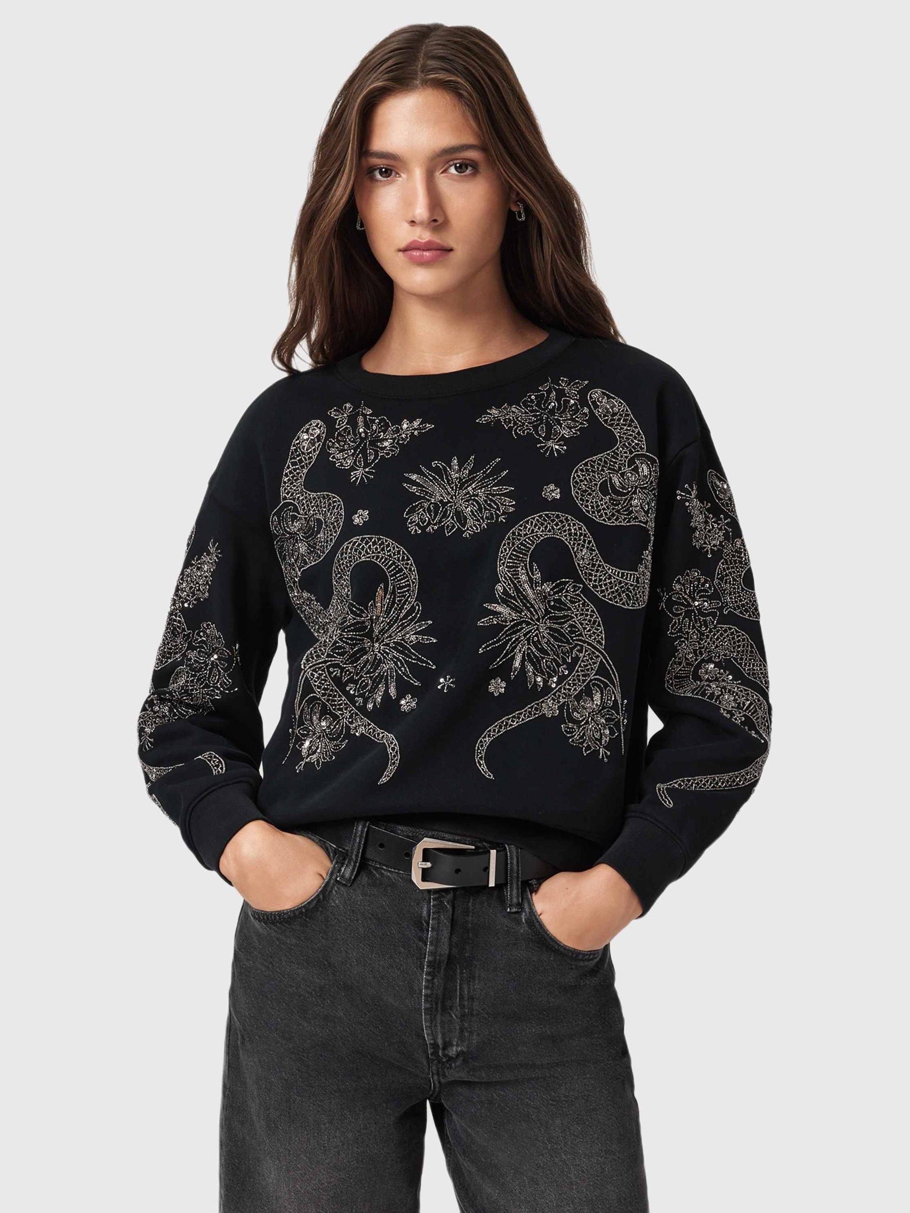 Product image 1 of 7, which shows AllSaints Cecile Pippa Embellished Sweatshirt, Black, L