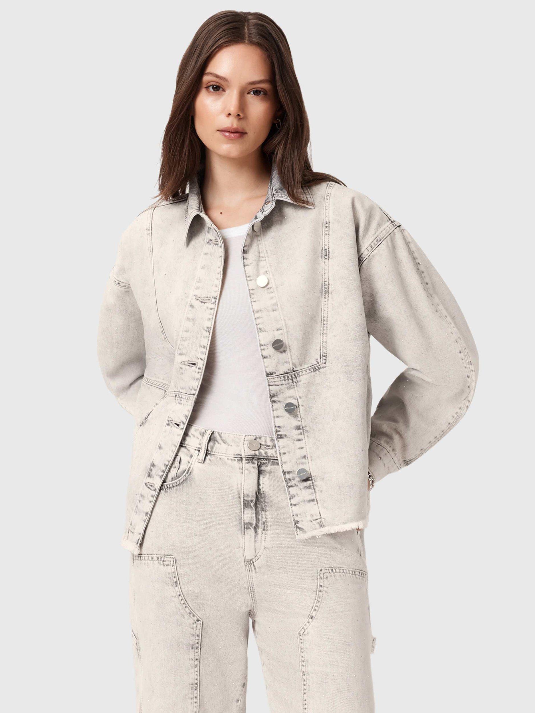 Product image 1 of 8, which shows AllSaints Hettie Denim Shacket, Snow Grey, L