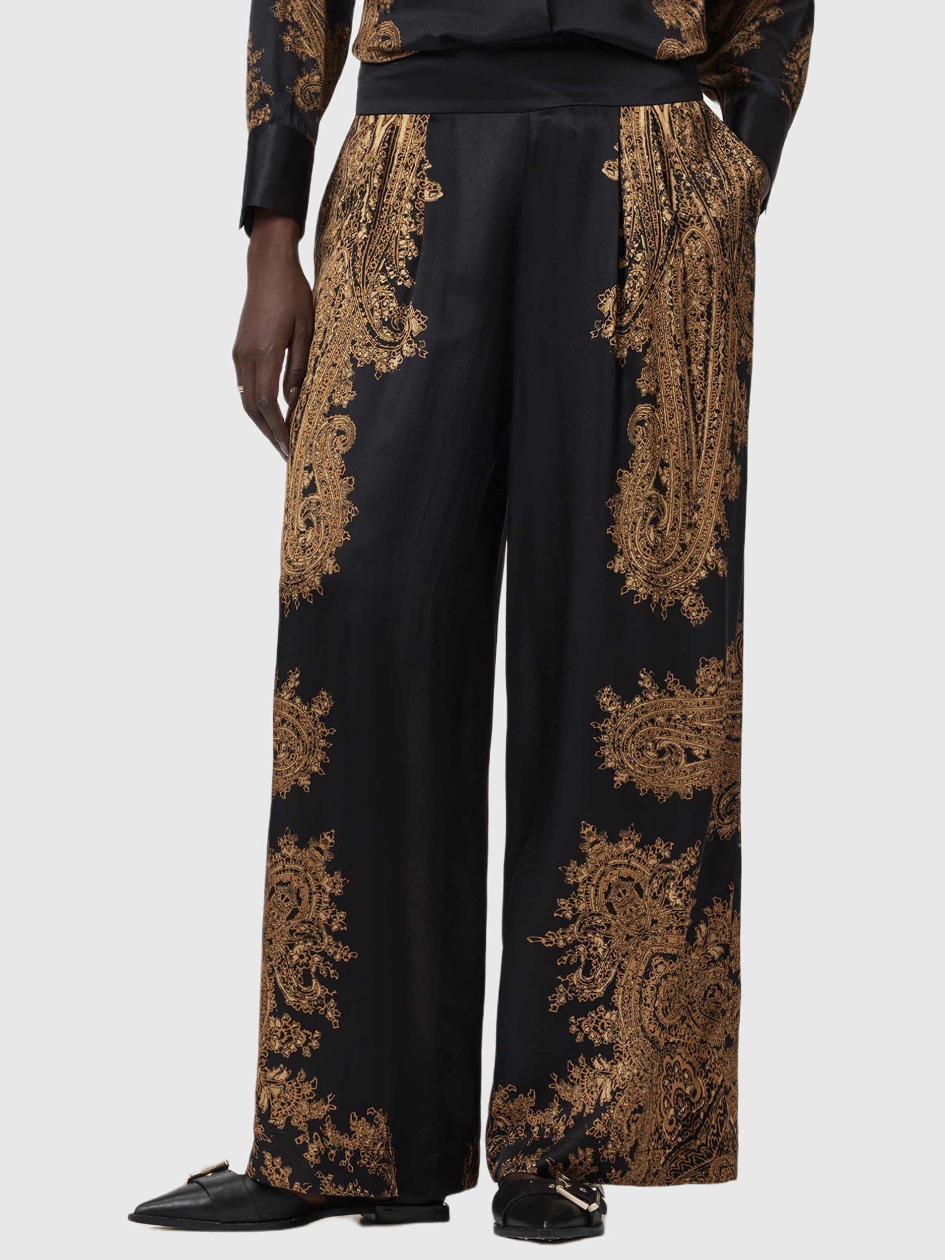 Product image 1 of 8, which shows AllSaints Leanna Brocade Trousers, Black/Multi, 10