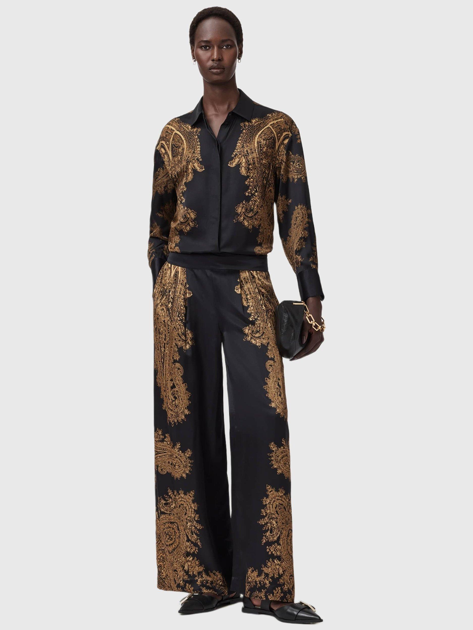 Product image 6 of 8, which shows AllSaints Leanna Brocade Trousers, Black/Multi, 10