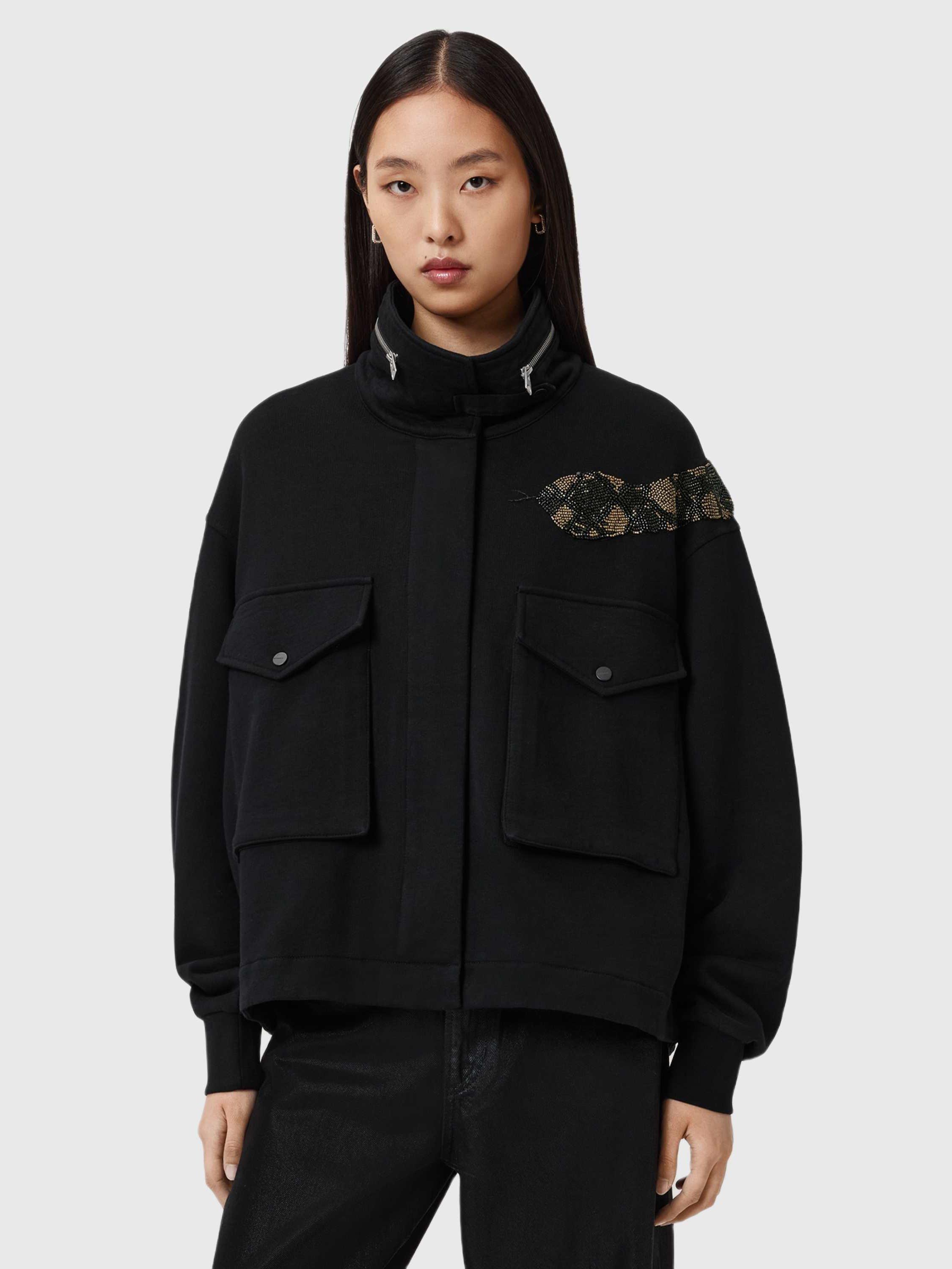 Product image 1 of 5, which shows AllSaints Ouros Claire Snake Shacket, Black, XS