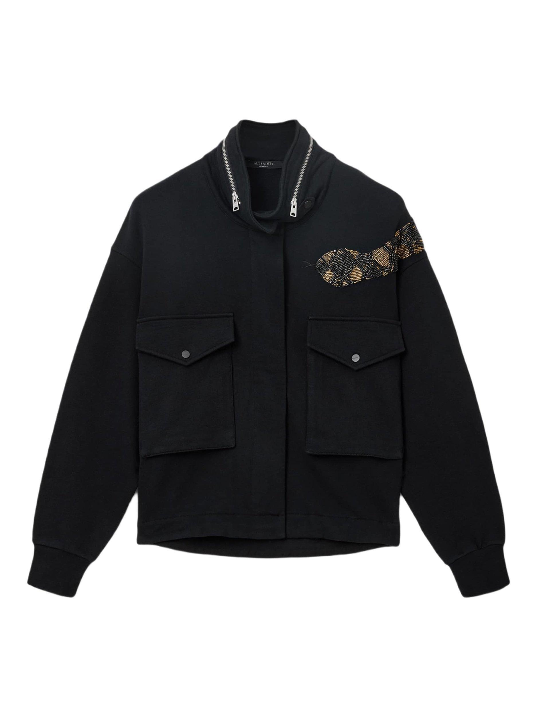 Product image 2 of 5, which shows AllSaints Ouros Claire Snake Shacket, Black, XS