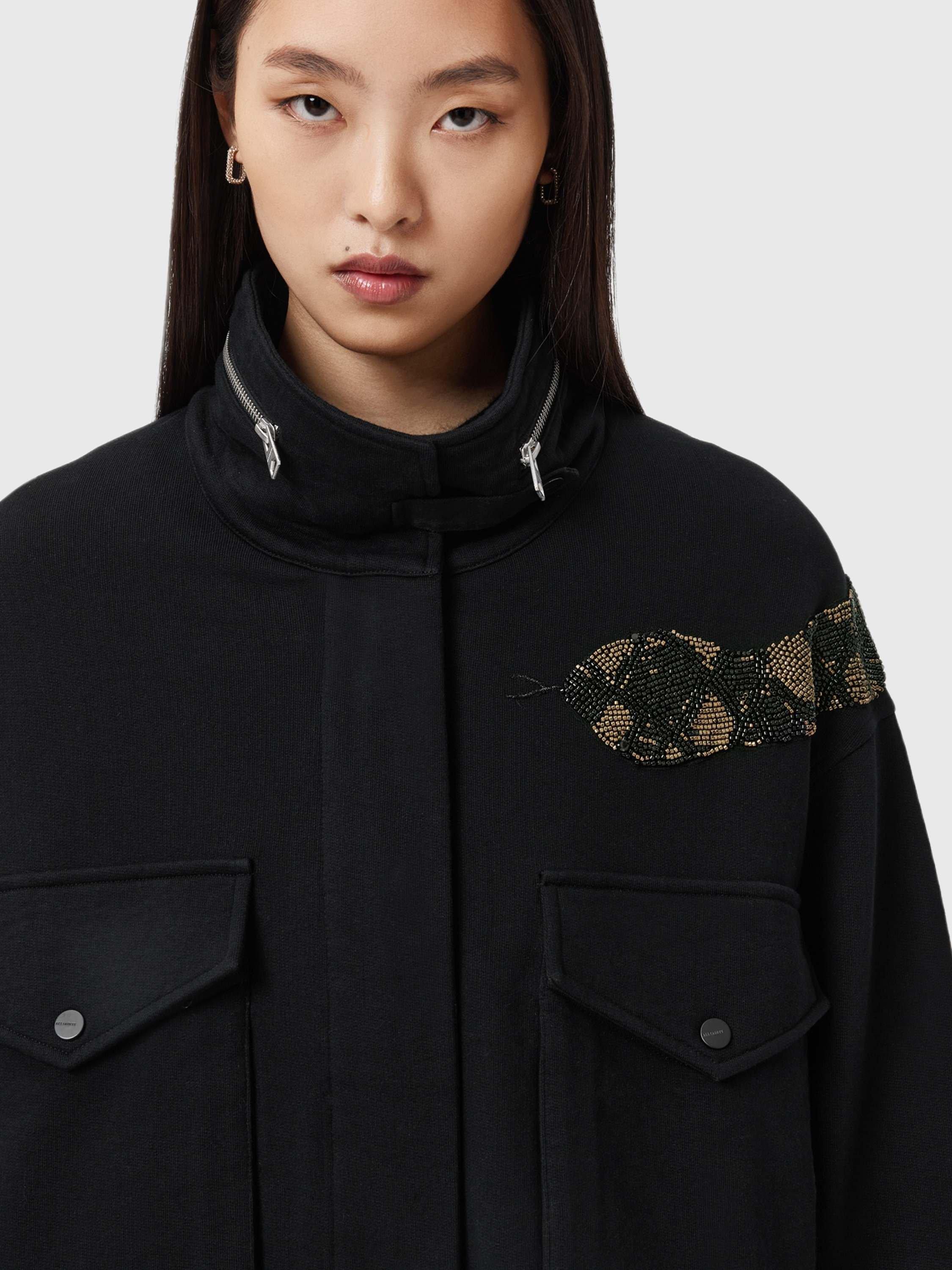 Product image 3 of 5, which shows AllSaints Ouros Claire Snake Shacket, Black, XS