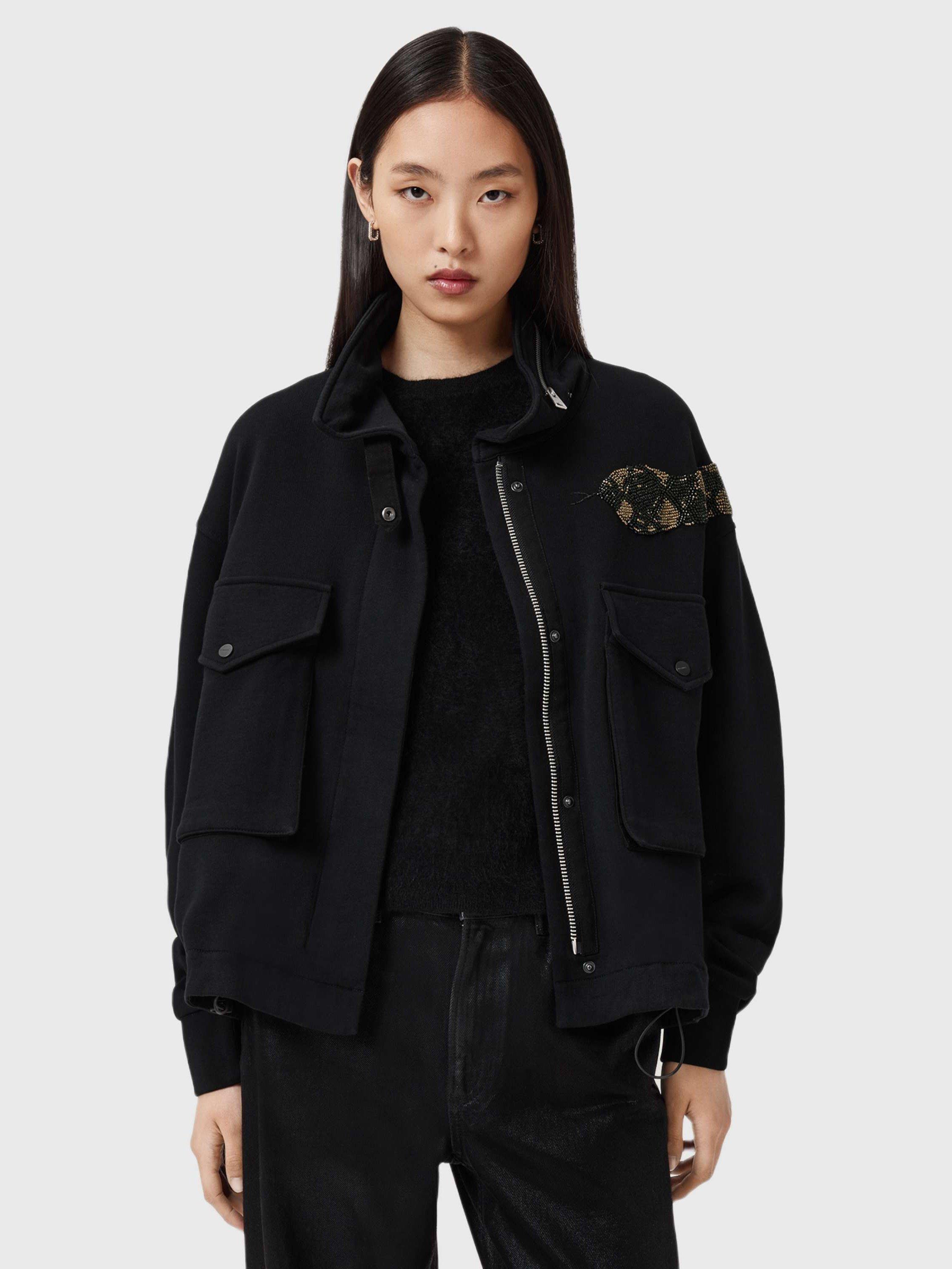 Product image 5 of 5, which shows AllSaints Ouros Claire Snake Shacket, Black, XS