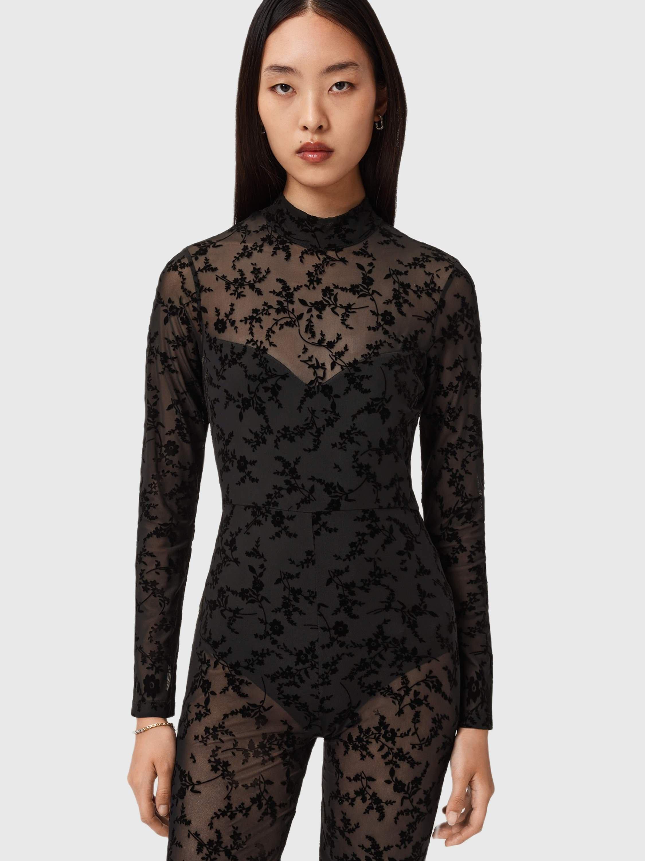 Product image 1 of 5, which shows AllSaints Rylee Flock Jumpsuit, Black, 10