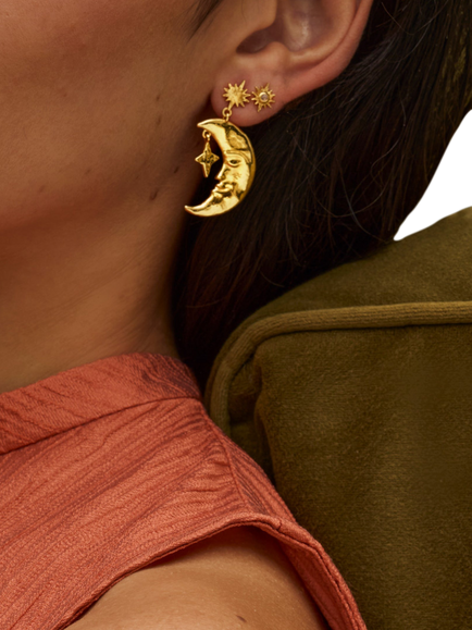 Ottoman Hands Crescent Moon Earrings, Gold - view 2, Gold