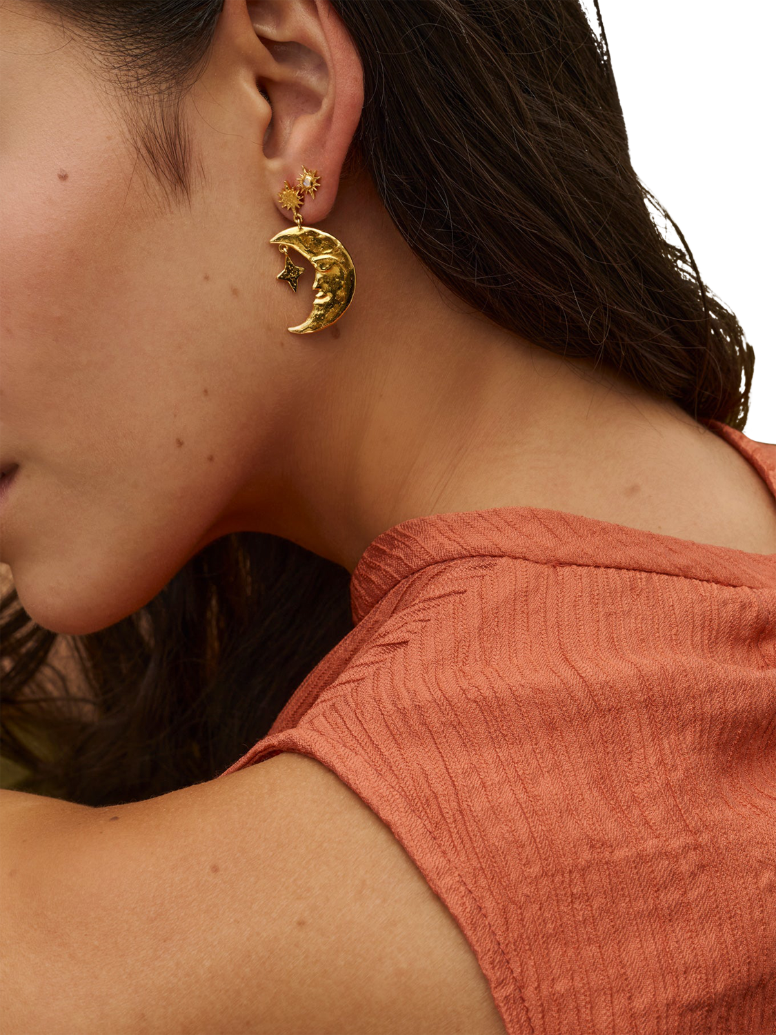 Product image 3 of 5, which shows Ottoman Hands Crescent Moon Earrings, Gold