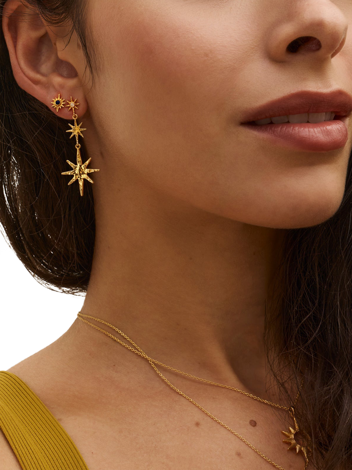 Product image 2 of 5, which shows Ottoman Hands Triple Star Drop Earrings, Gold