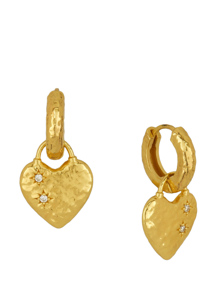 Product image 1 of 7, which shows Ottoman Hands Heart Huggie Earrings, Gold