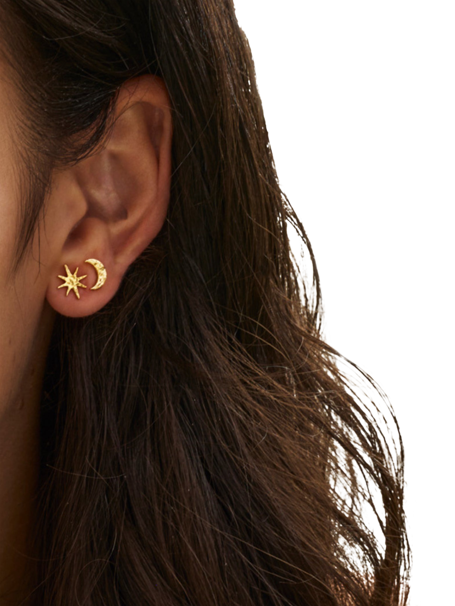 Product image 2 of 5, which shows Ottoman Hands Moon and Star Stud Earrings, Gold