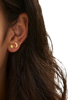 Ottoman Hands Moon and Star Stud Earrings, Gold - view 2, Gold