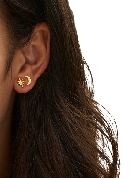 Ottoman Hands Moon and Star Stud Earrings, Gold - view 2, Gold