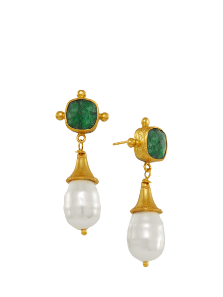 Ottoman Hands Esmeray Emerald and Pearl Drop Stud Earrings, Gold, Gold