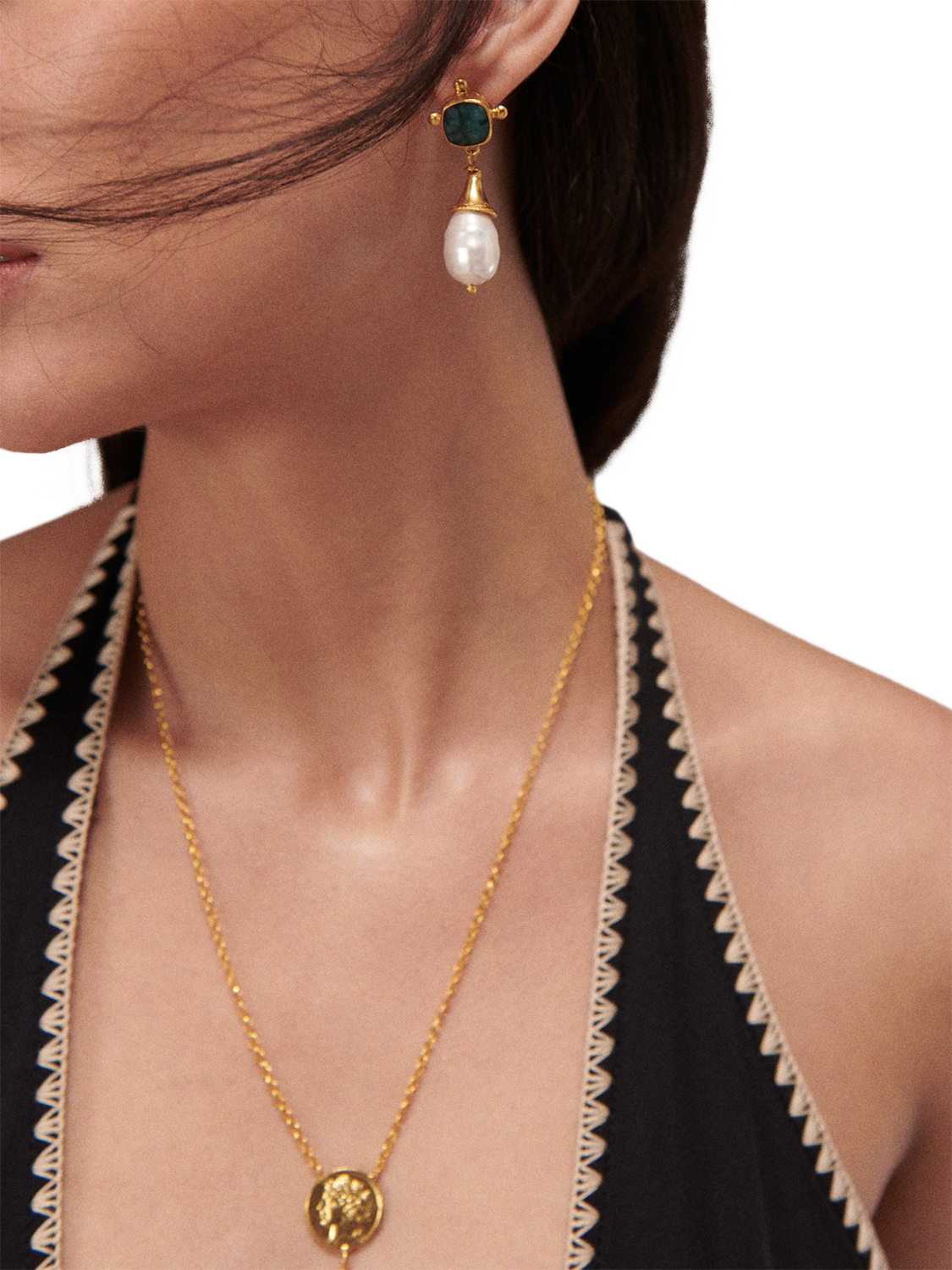 Product image 2 of 4, which shows Ottoman Hands Esmeray Emerald and Pearl Drop Stud Earrings, Gold