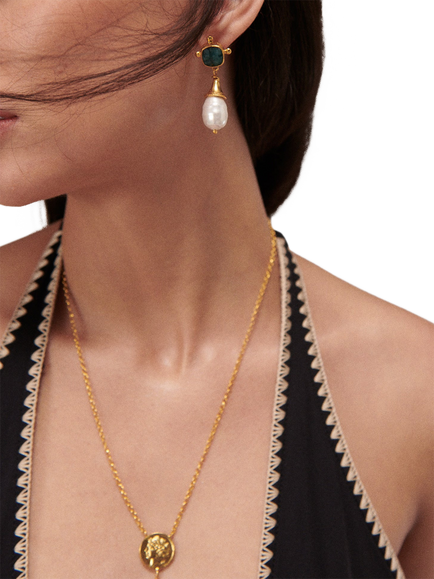 Ottoman Hands Esmeray Emerald and Pearl Drop Stud Earrings, Gold - view 2, Gold