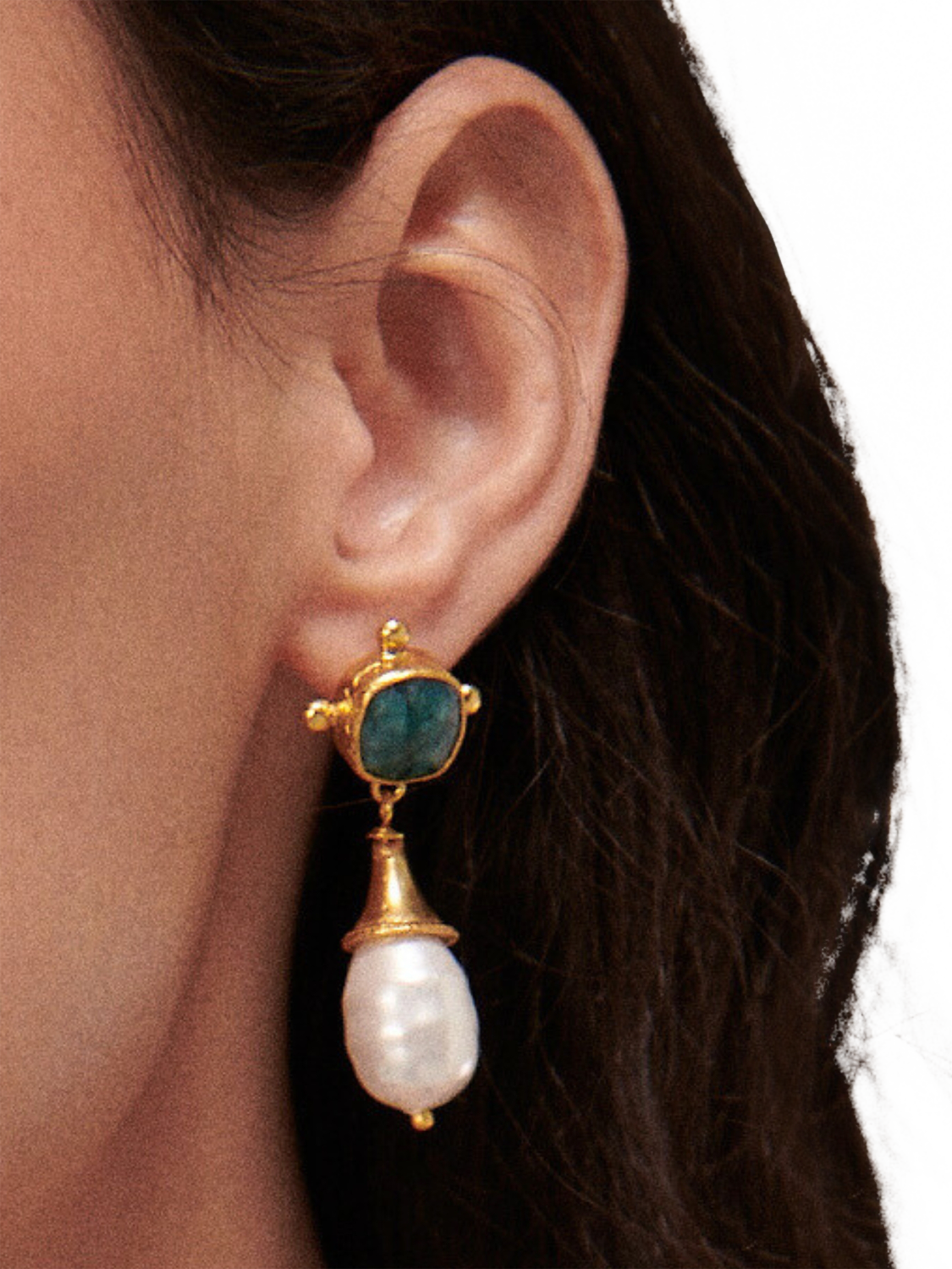 Product image 3 of 4, which shows Ottoman Hands Esmeray Emerald and Pearl Drop Stud Earrings, Gold