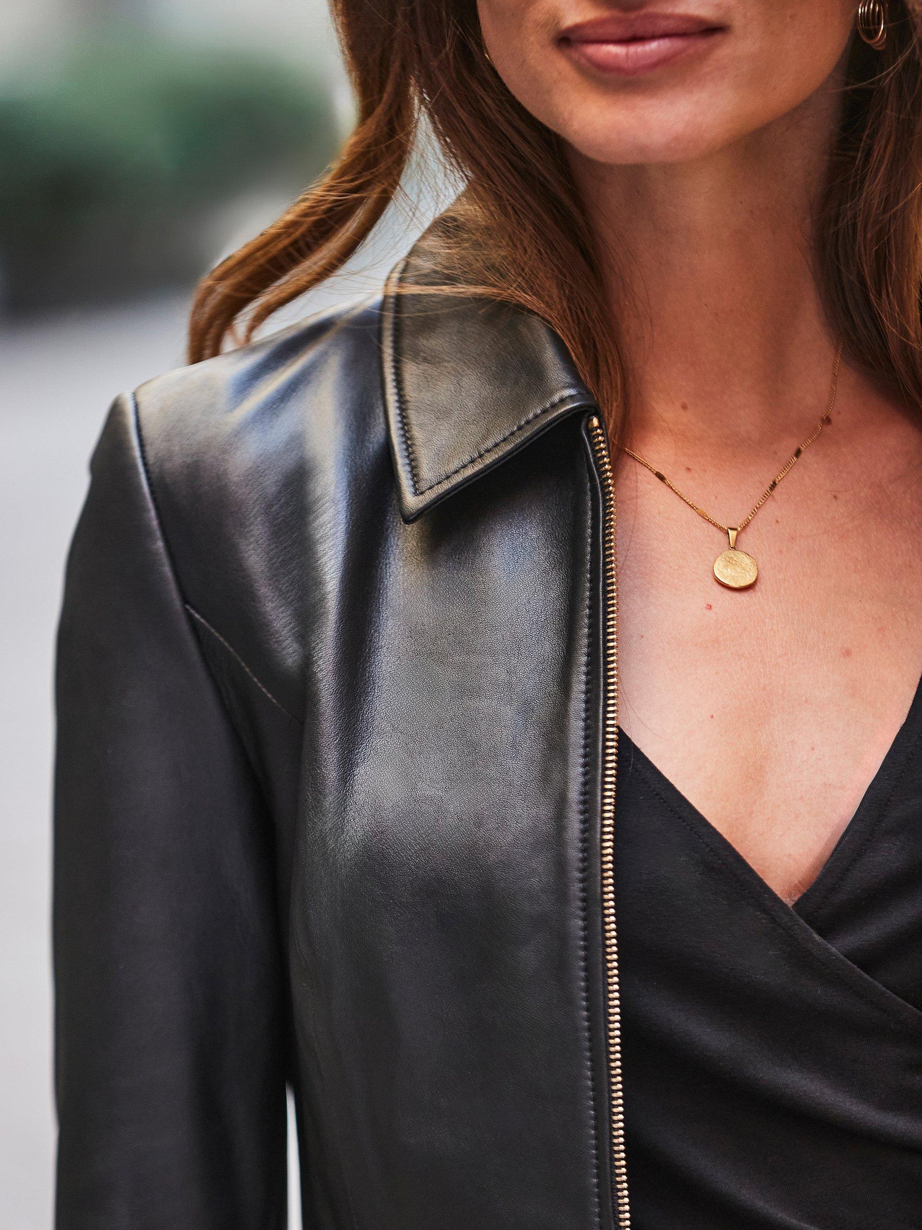 Product image 6 of 7, which shows Sosandar Zip Up Pure Leather Jacket, Black, 8