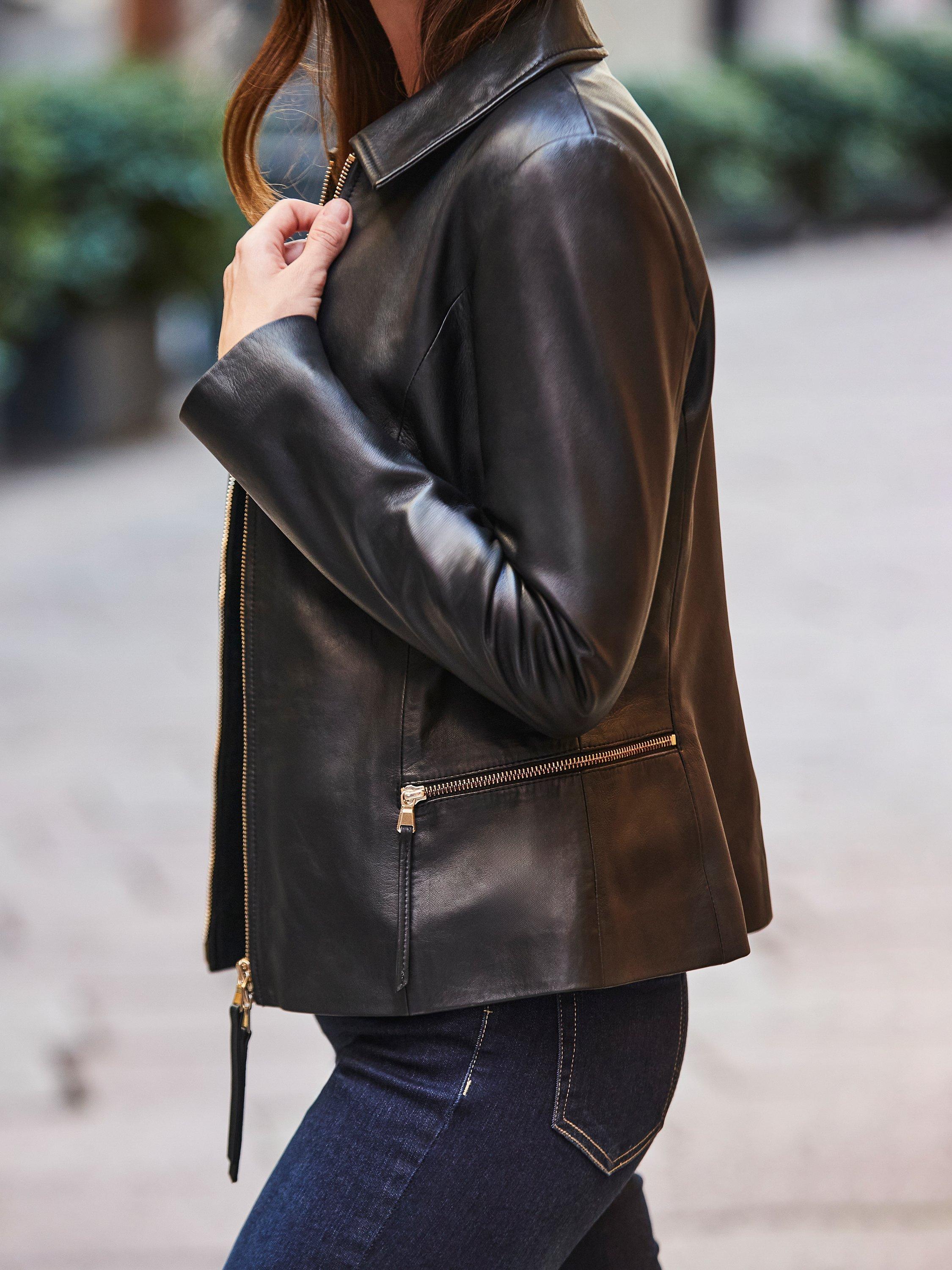 Product image 7 of 7, which shows Sosandar Zip Up Pure Leather Jacket, Black, 8