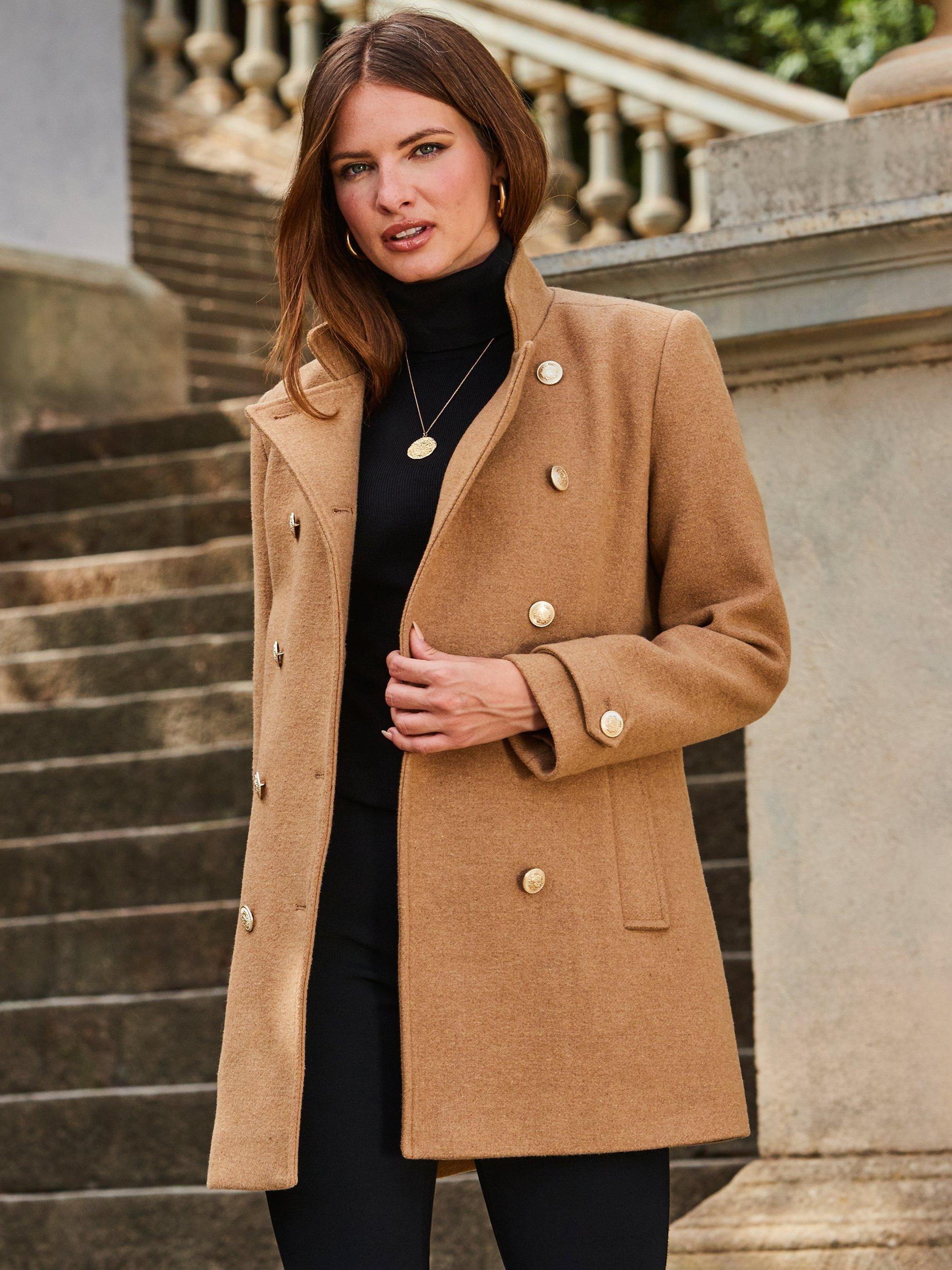 Product image 1 of 7, which shows Sosandar Mid Length Pea Coat, Brown Tan, 8