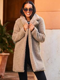 Sosandar Double Breasted Borg Coat, Taupe - view 2, Taupe