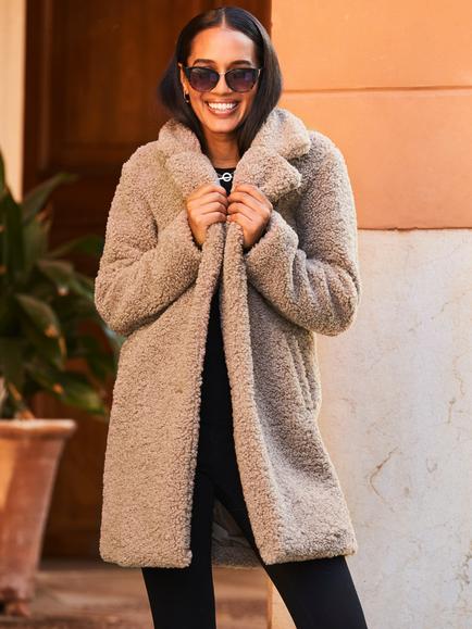 Sosandar Double Breasted Borg Coat, Taupe - view 2, Taupe