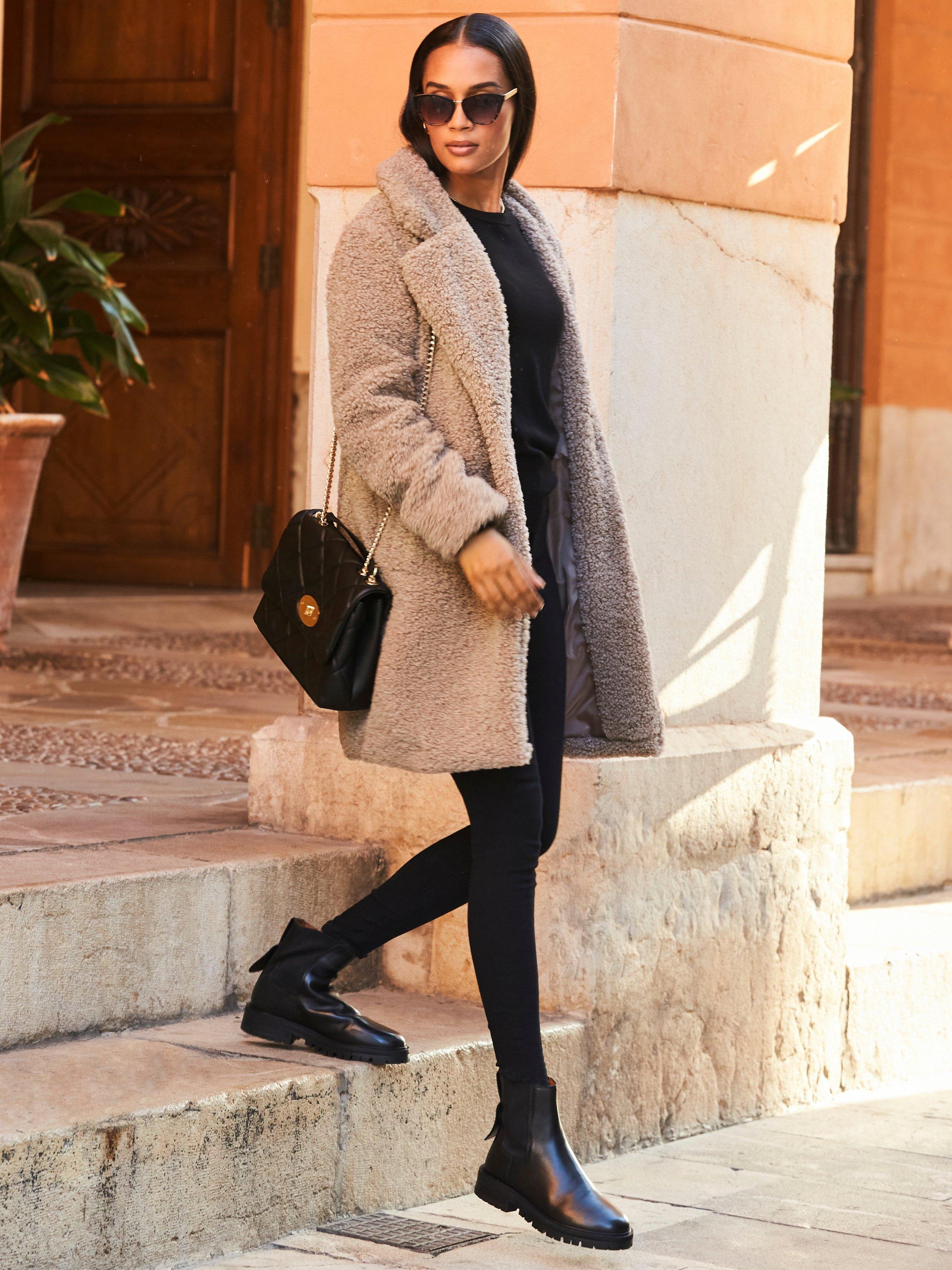 Product image 6 of 6, which shows Sosandar Double Breasted Borg Coat, Taupe, 8