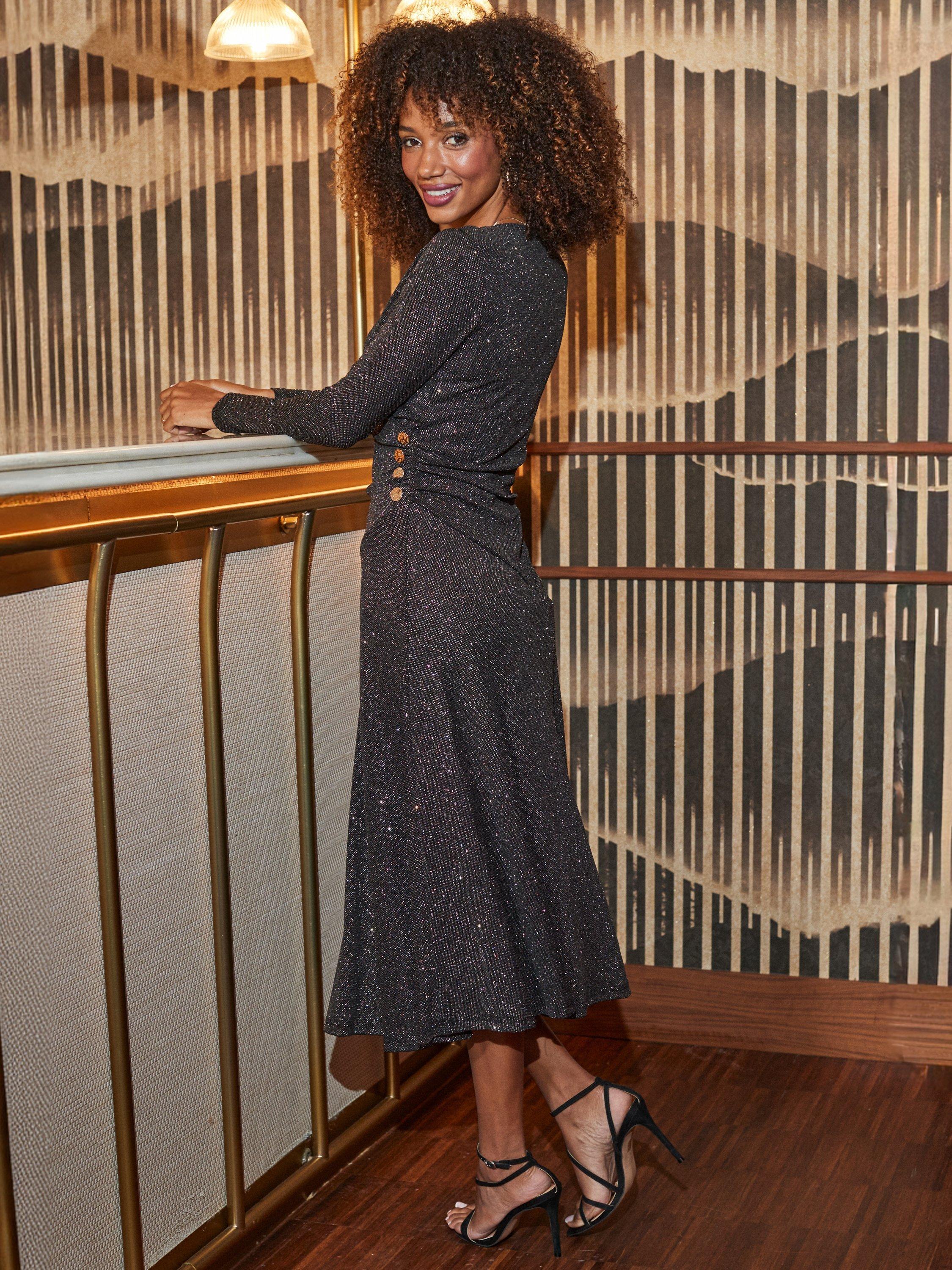 Product image 4 of 7, which shows Sosandar Shimmer Ruched Midi Dress, Black, 8