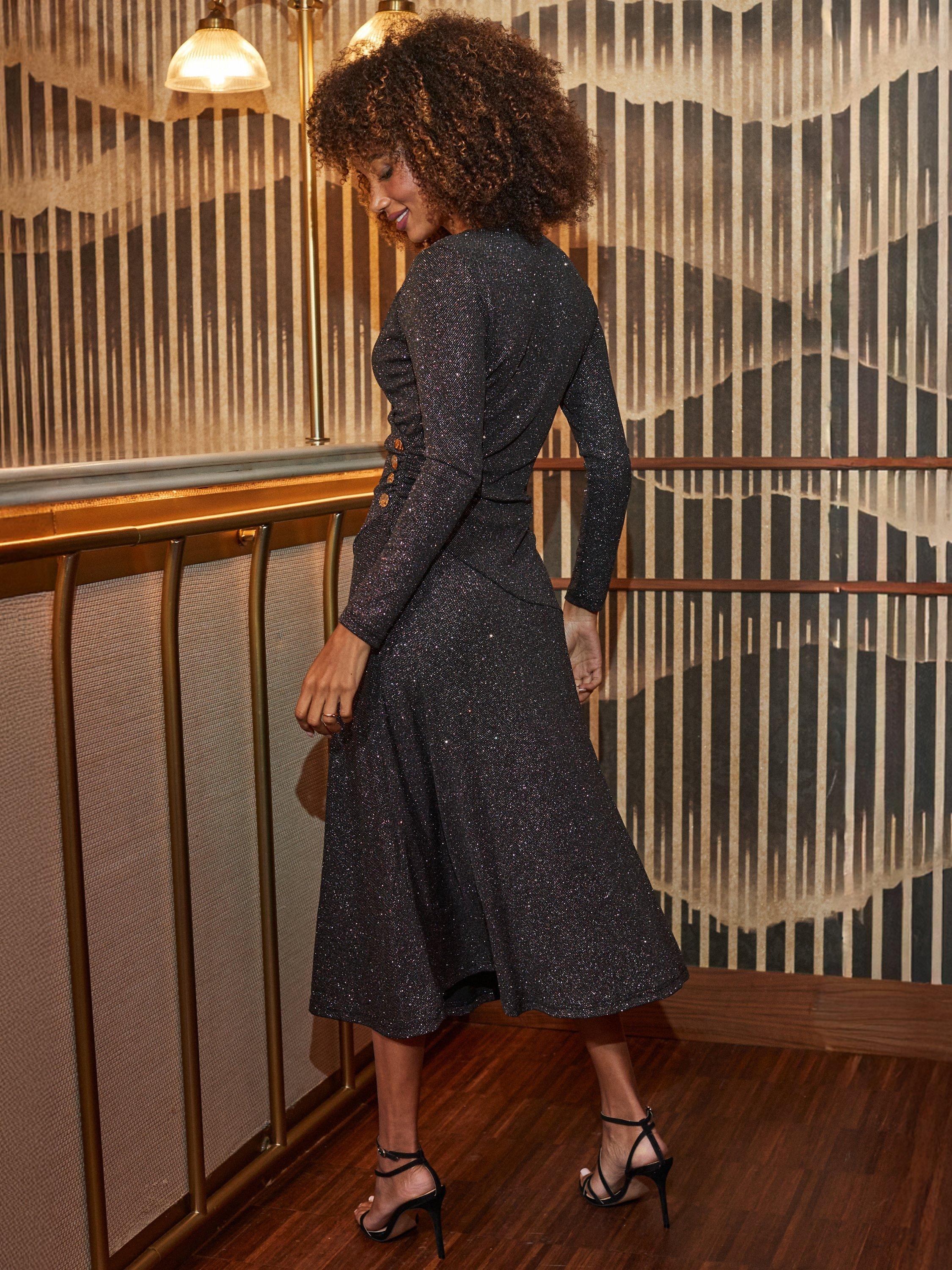 Product image 5 of 7, which shows Sosandar Shimmer Ruched Midi Dress, Black, 8