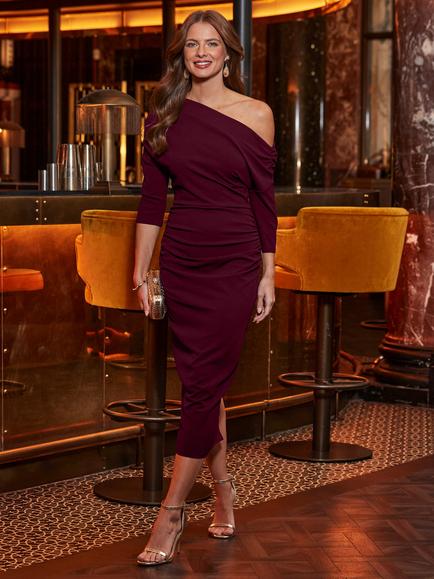 Sosandar Ruched Asymmetric Dress, Burgundy, Burgundy