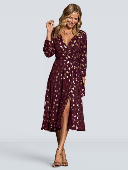 Sosandar Wrap Front V-Neck Spot Print Midi Dress, Purple/Gold, Purple/Gold