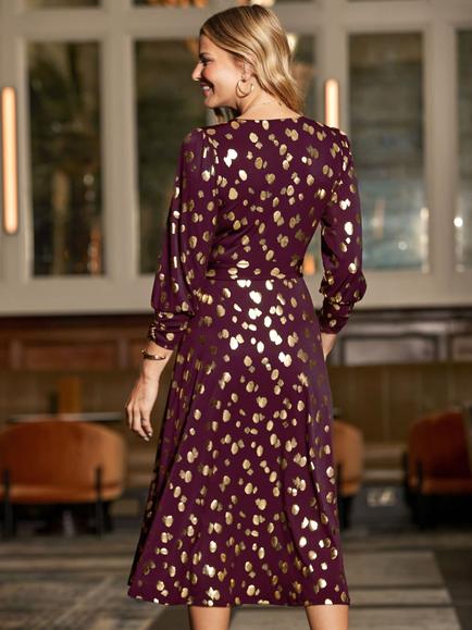 Sosandar Wrap Front V-Neck Spot Print Midi Dress, Purple/Gold - view 2, Purple/Gold