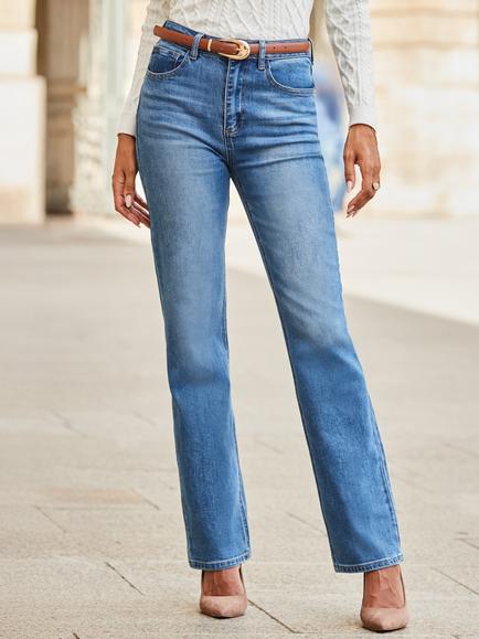 Sosandar Mid Rise Straight Jeans, Mid Blue - view 2, Mid Blue