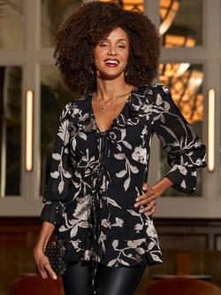 Sosandar Floral Three Quarter Sleeves V Neck Blouse, Black/Pink