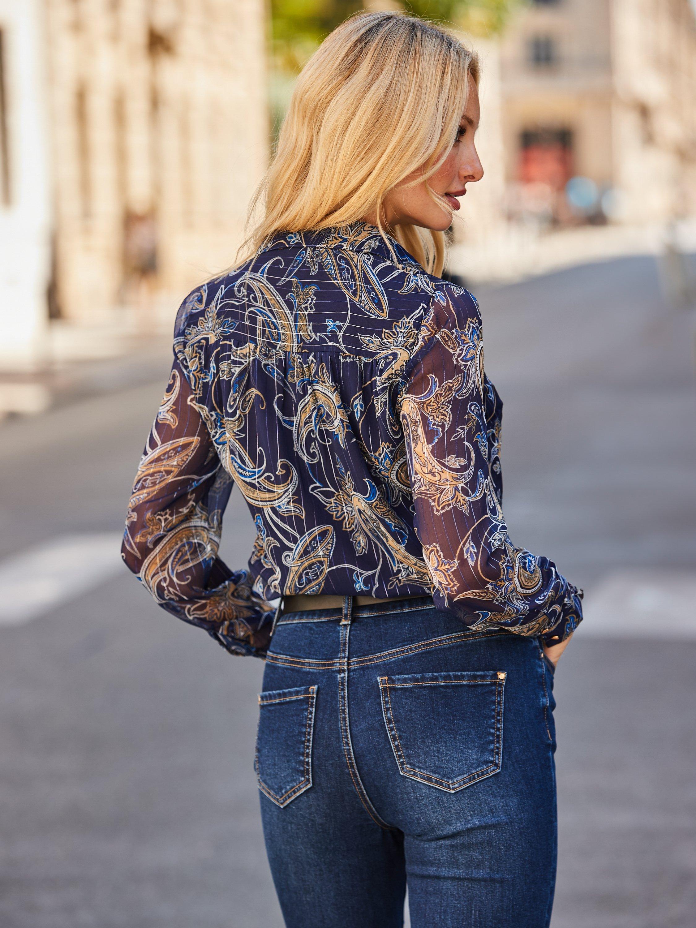 Product image 4 of 6, which shows Sosandar Georgette Paisley Shirt, Navy Blue, 18