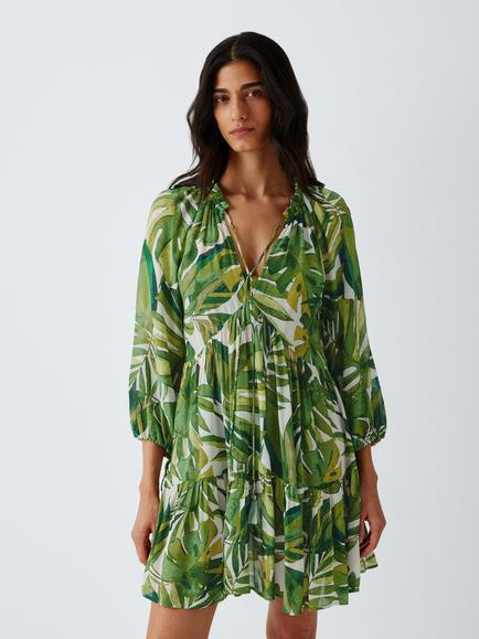 John Lewis Palm Print Georgette Dress, Green, Green